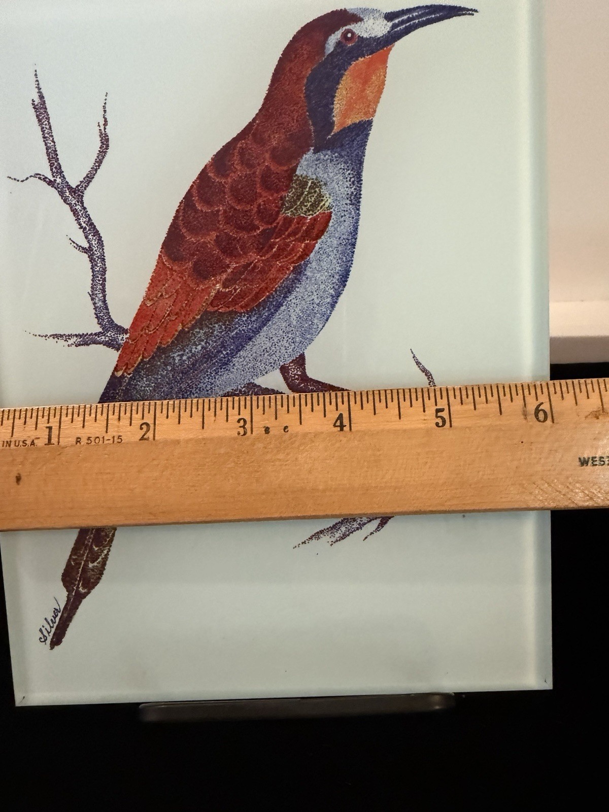 Glass Tile Of Blue-Throated Bee-Eater Bird, Signed Silver, 8”x6” 15oz