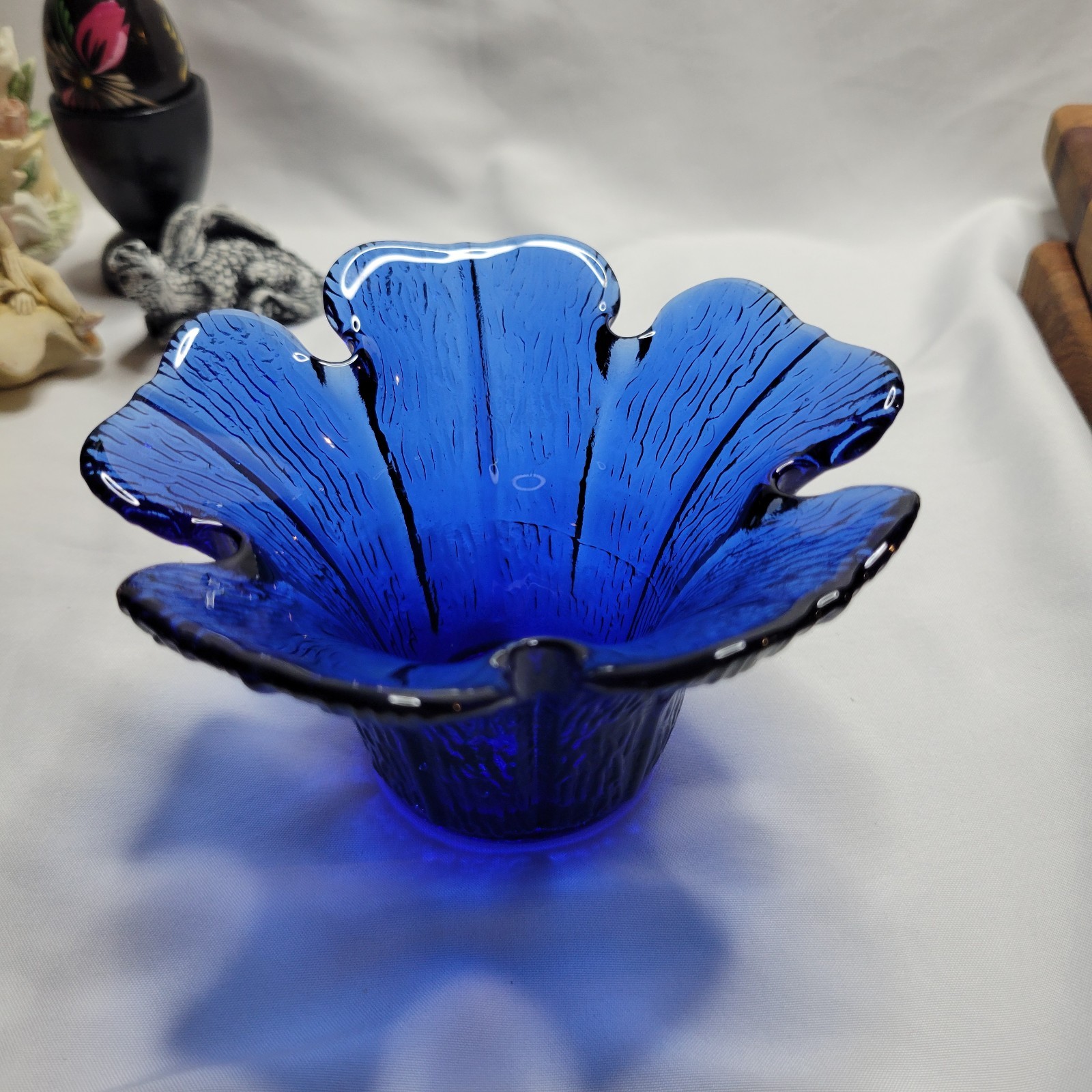 Cobalt Blue Blown Glass Flower Tulip Votive Candle Holder/Trinket Dish lot of 4