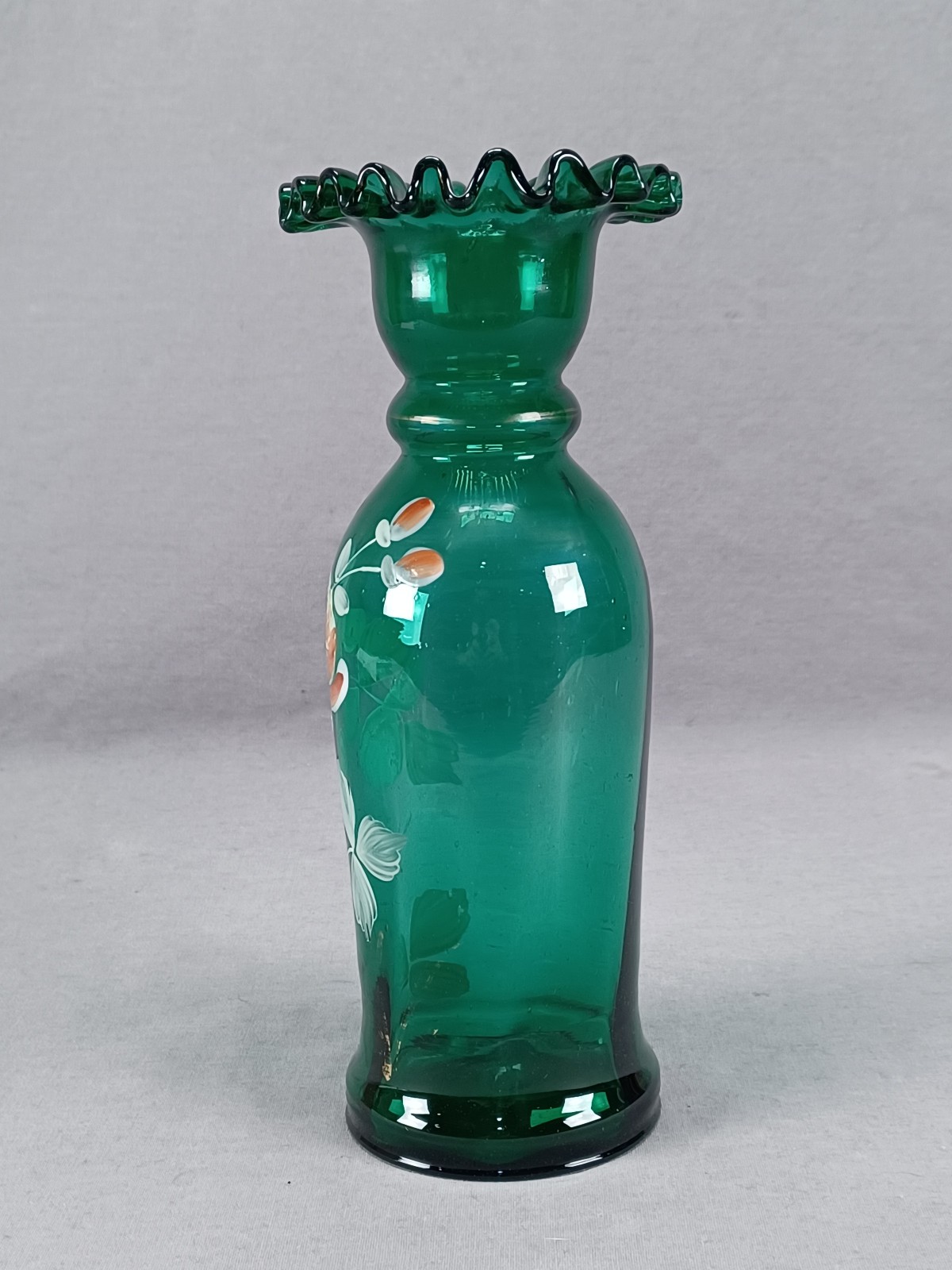 Antique Bohemian Enameled Orange & White Rose Green Glass 8 1/4 Inch Vase