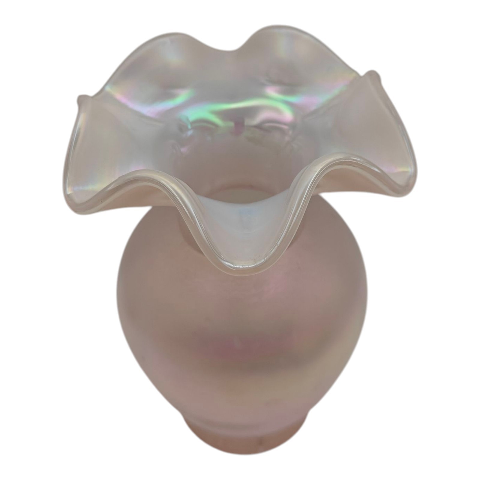 Fenton Pink Iridescent Ruffled Rim Glass Flower Vase