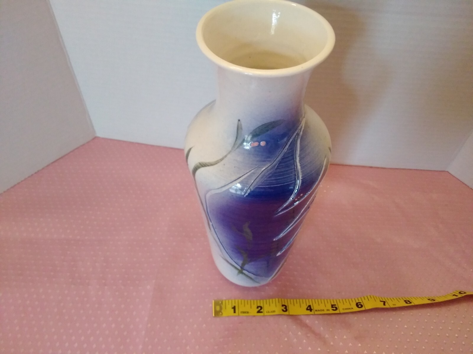 Pottery Vase Colbalt Blue Ivory Color Raised Leaf Artisan Signed 10.5″