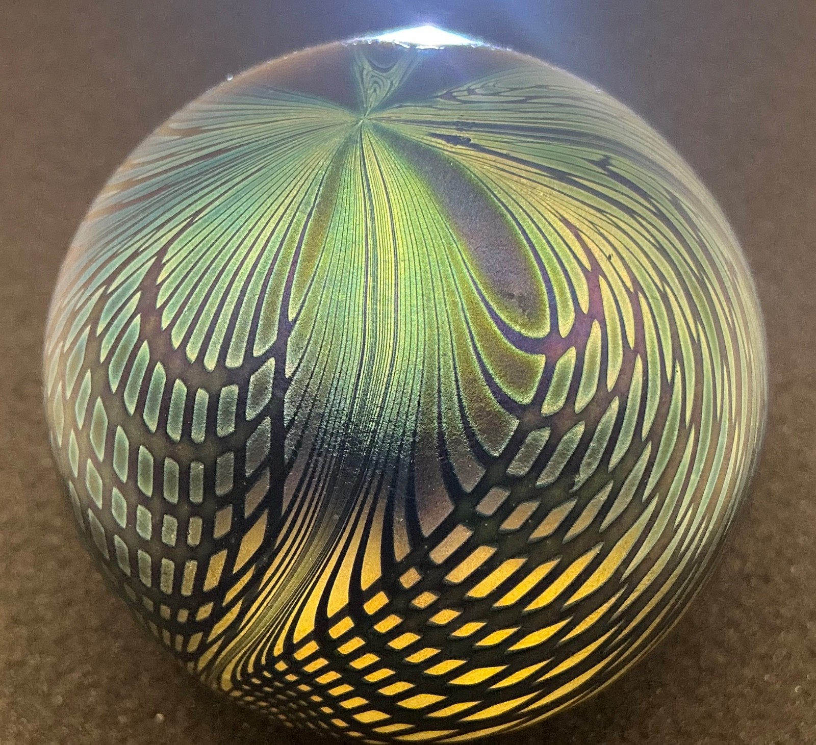David Lotton Art Glass Iridescent Paperweight Swirls Blue/Green 1984-Signed