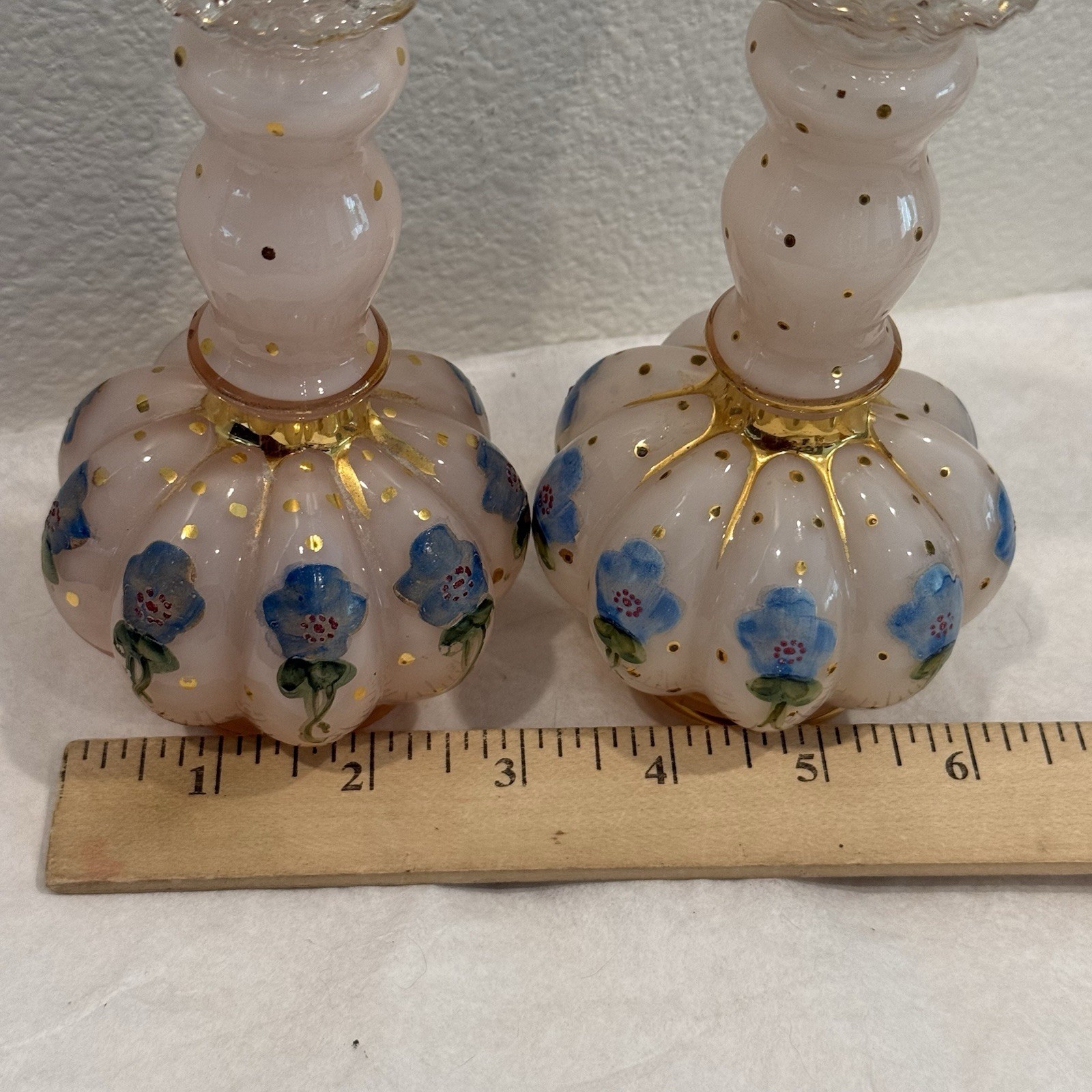 Fenton Charleton Hand Painted Pink Vanity Set Melon Perfume Bottles & Powder Jar