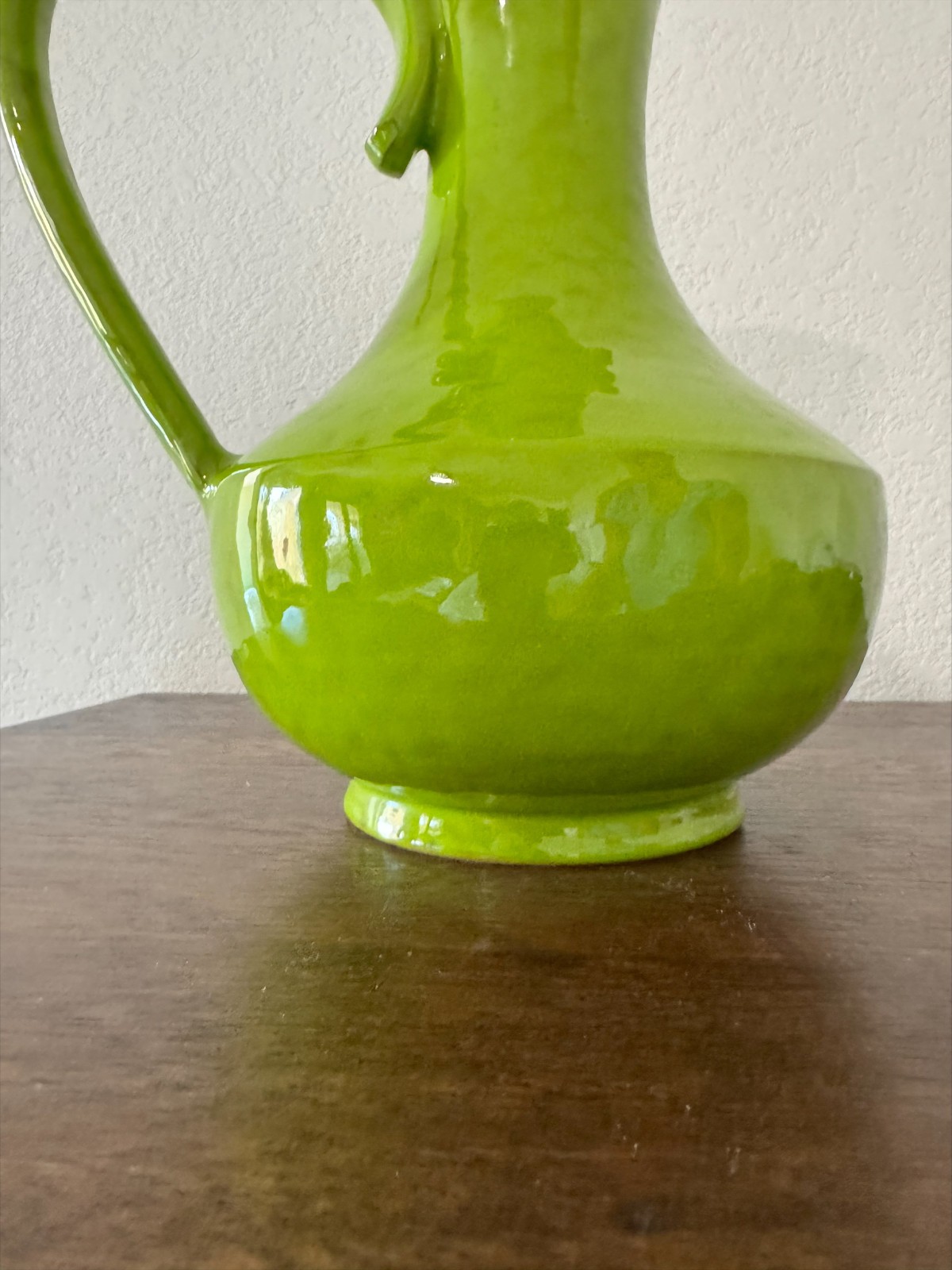 GORGEOUS Green Glazed Ceramic Pitcher Vase With Handle Mid Century Style 12”
