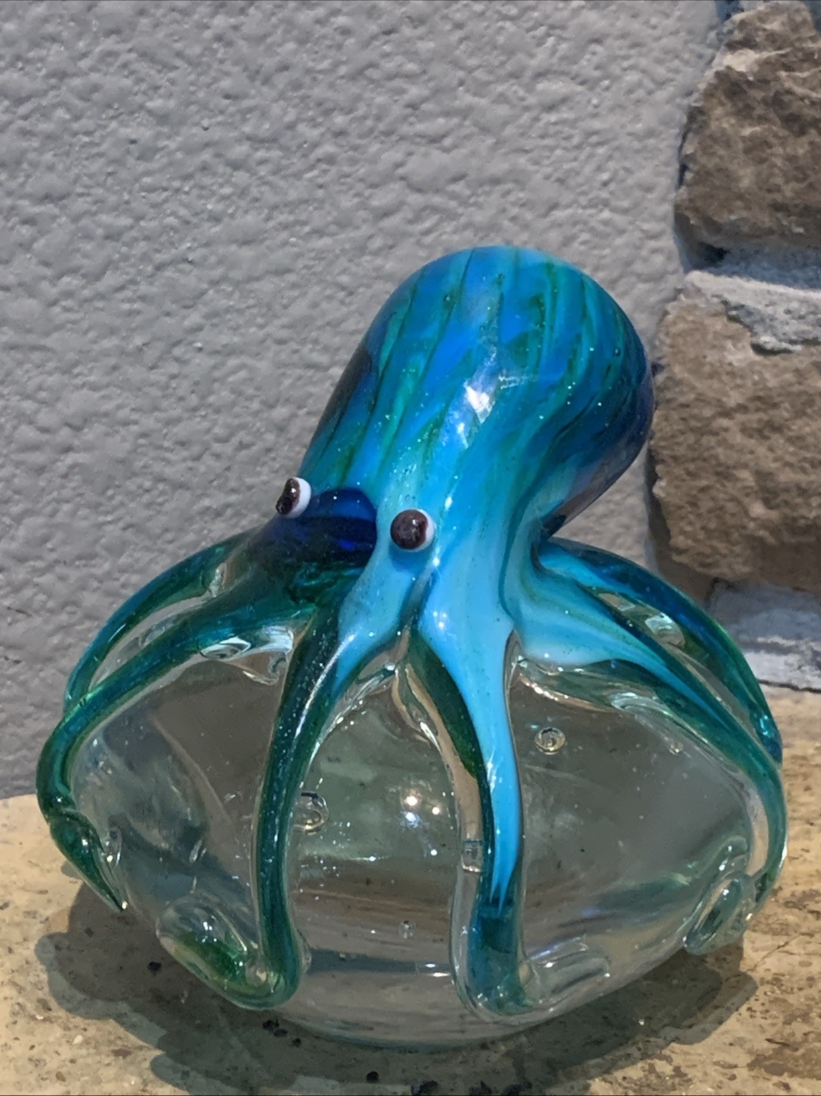 TEAL BLUE OCTOPUS PAPER WEIGHT HAND BLOWN ART GLASS 4.25″ TALL