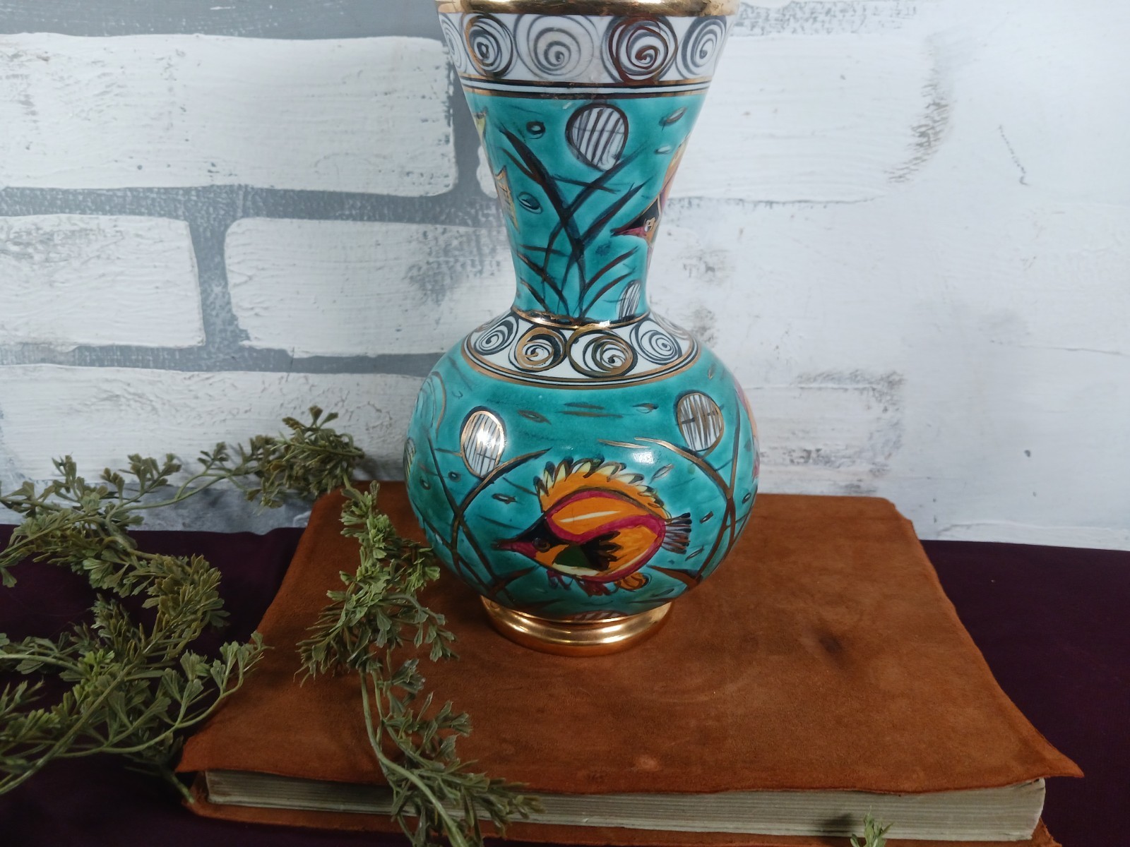 Fish Underwater Vase Handmade Greece Pottery Turquoise Shows Ware Inside Rim