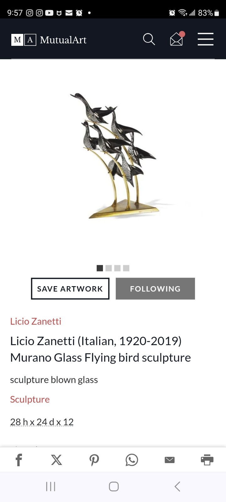 HTF Rare Murano Licio ZANETTI Black & Silver Glass Bird Sculpture Figurine Peice