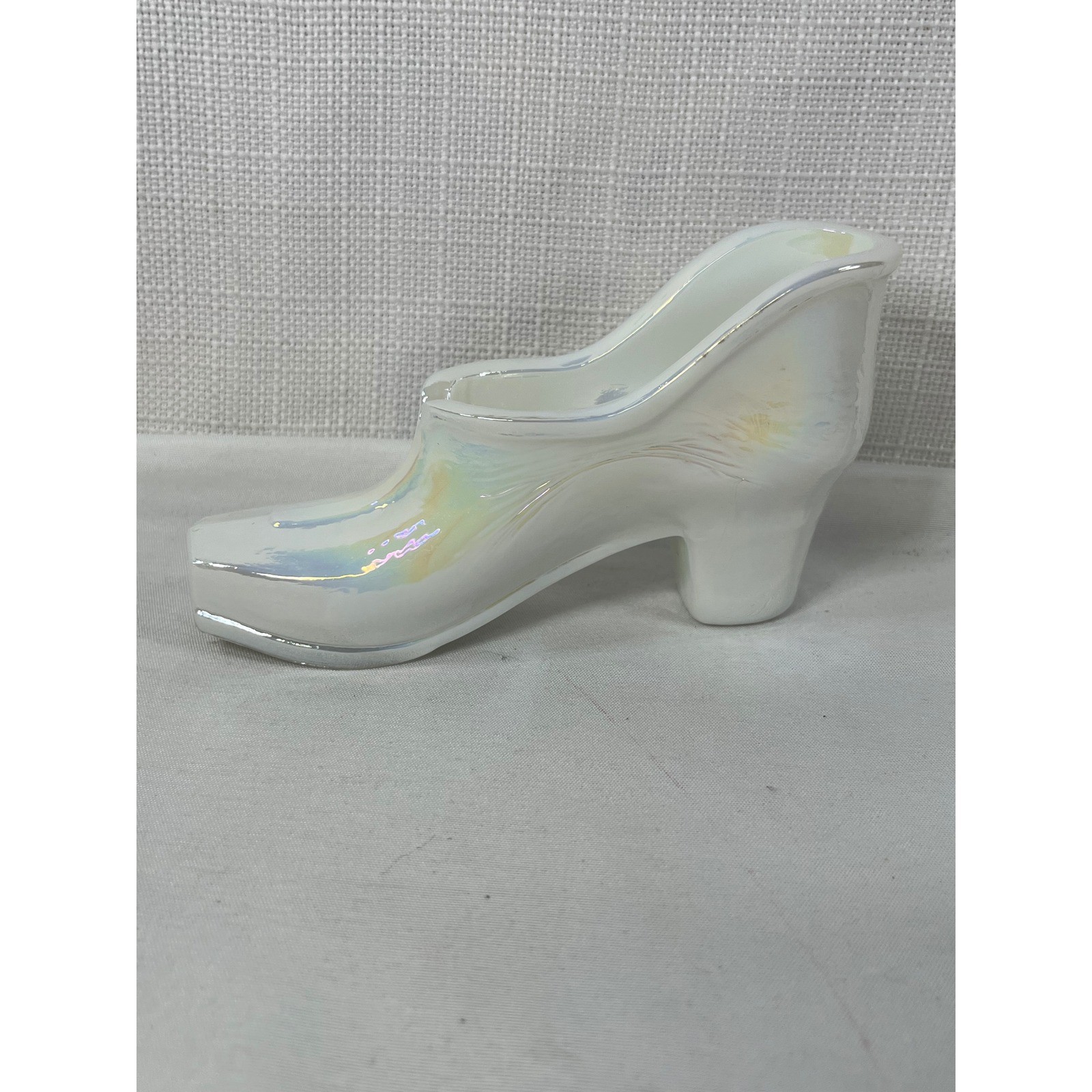 Vintage Unbranded White Opalescent Milk Glass Shoe Figurine Iridescent Carnival