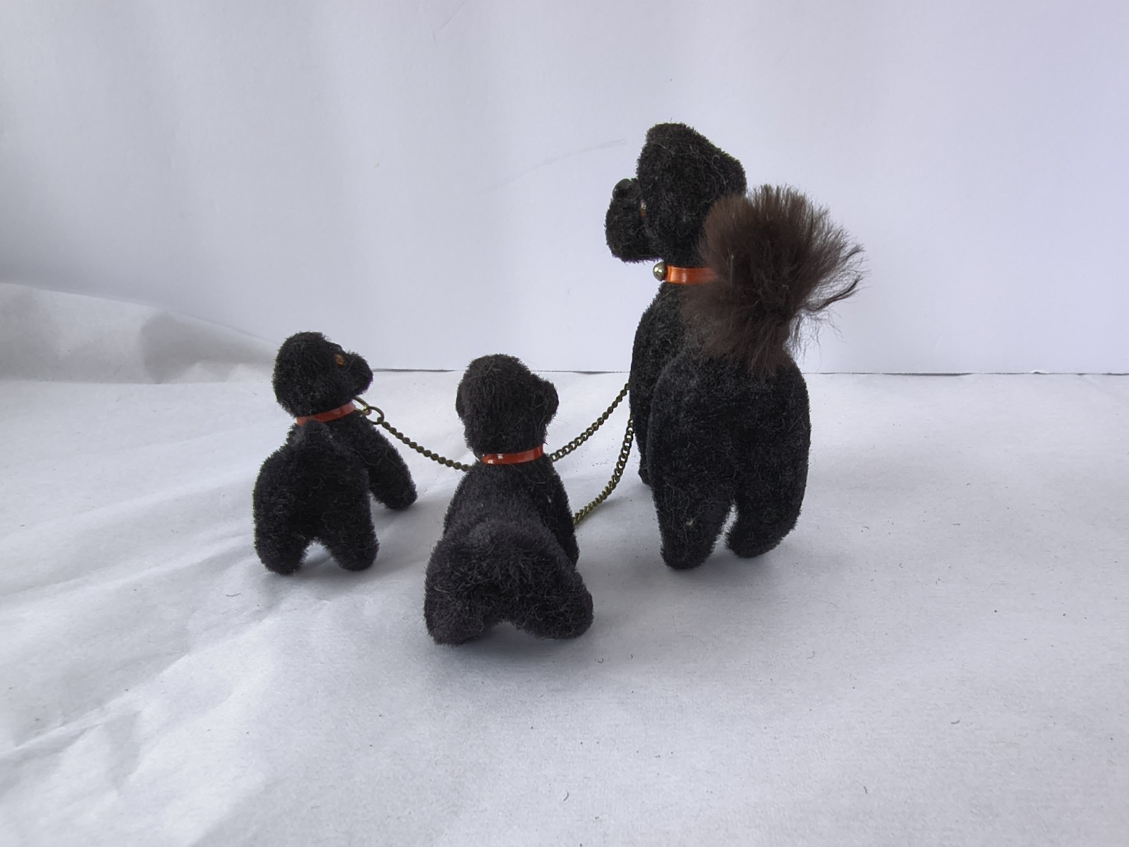 Vintage Set Of Three Max Carl Flocked Black Poodle Dogs Family West Germany