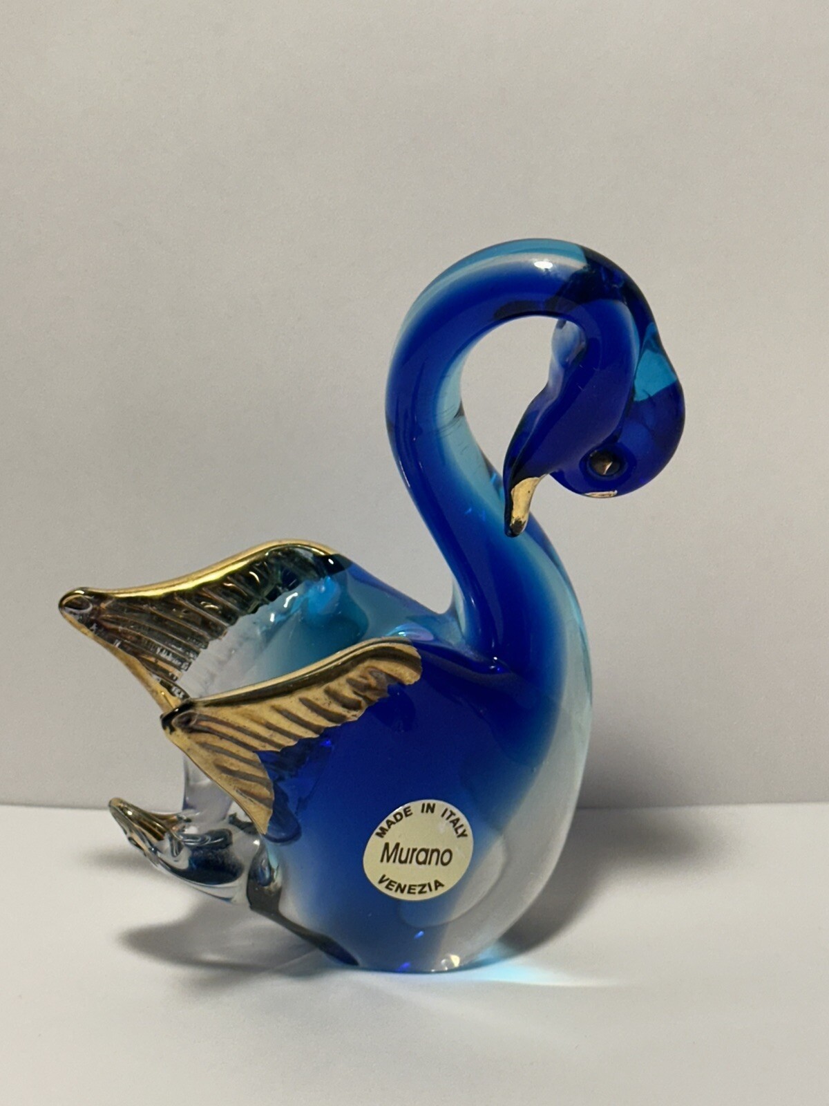 Murano Art Glass Blue Swan Figurine With Gold Wings 4×3″