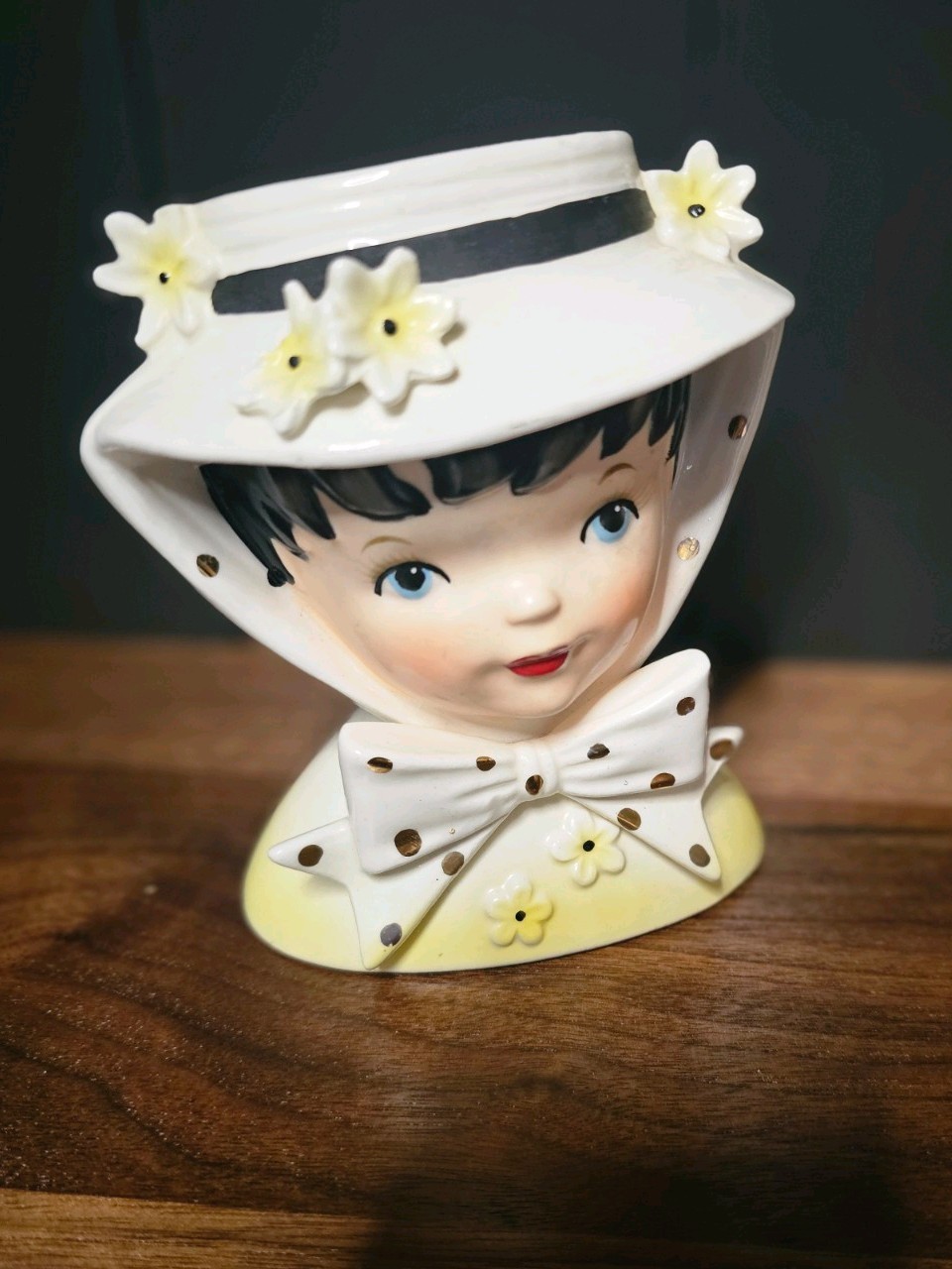 Vintage Relpo Lady Head Vase K1147 RARE YELLOW Gold Polka dot MCM Retro Chic 4