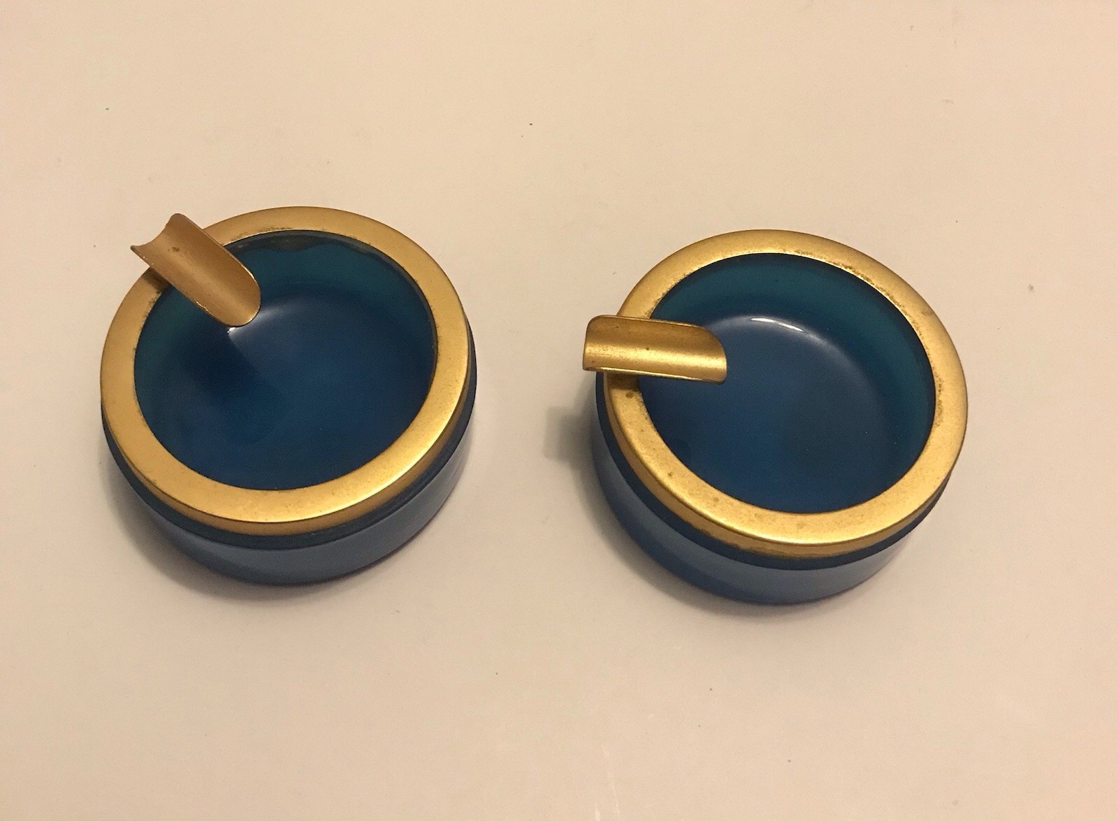 Vintage Blue Opaline 2 Ashtrays Murano Glass 1×2.25 Label Read