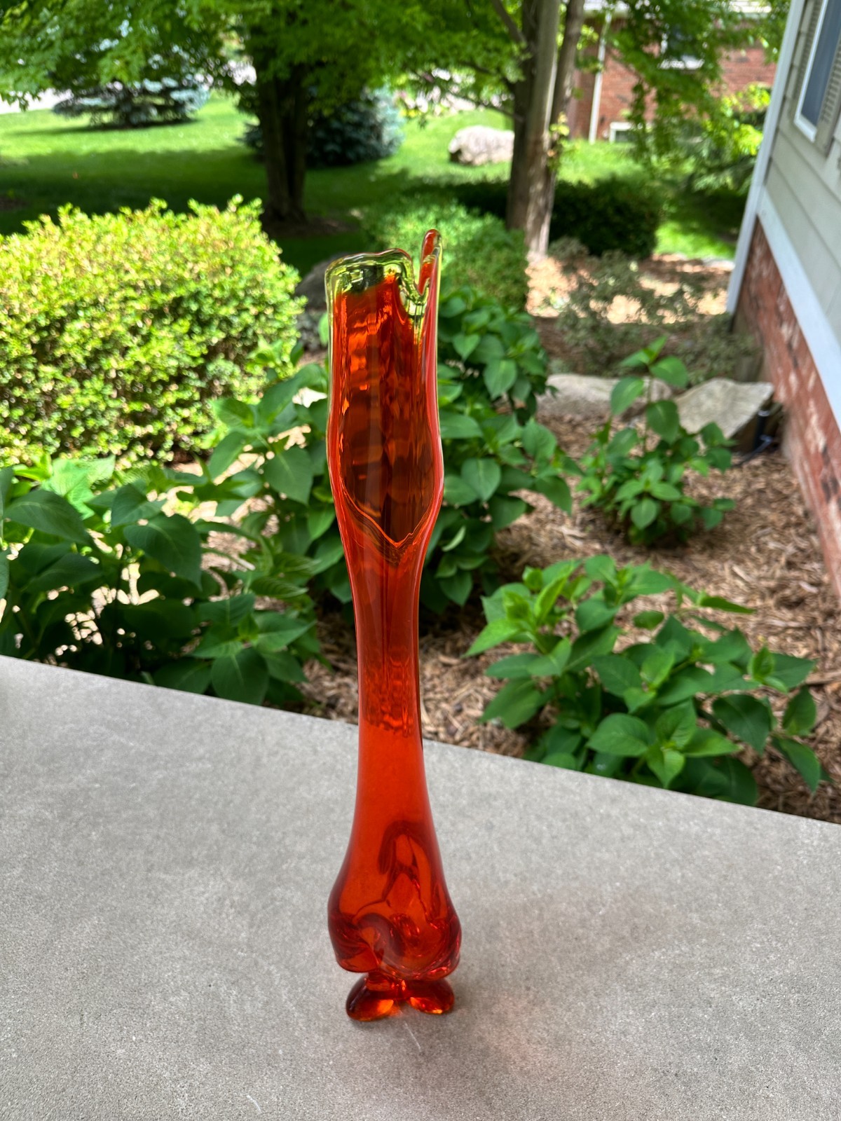 MCM Viking Swung Glass Vase 3 Foil Toe Footed 24” Persimmon Orange 1960s