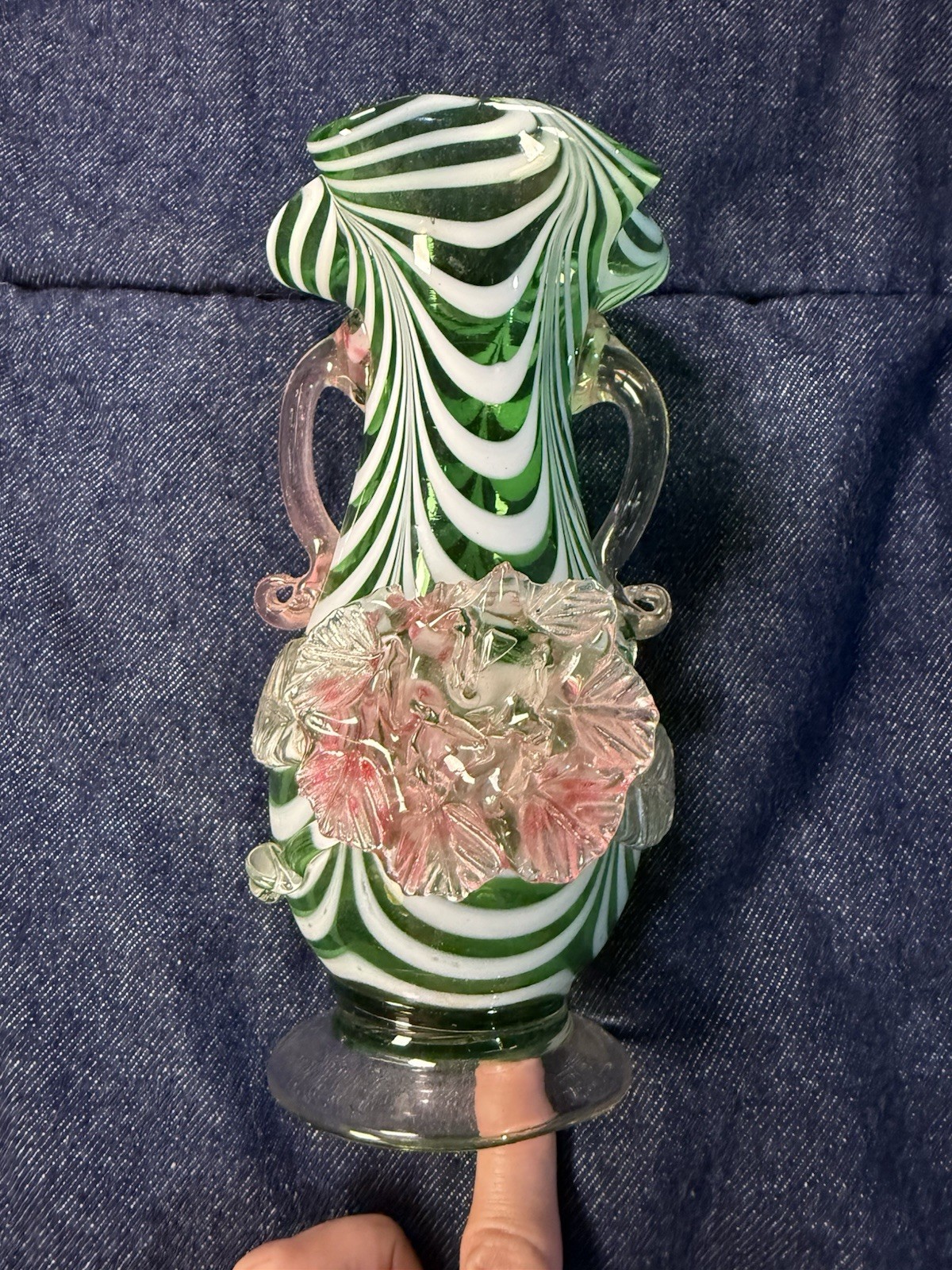 Italian Hand Blown Art Glass Vase Green & White Swirl, Pink Handles and Flower