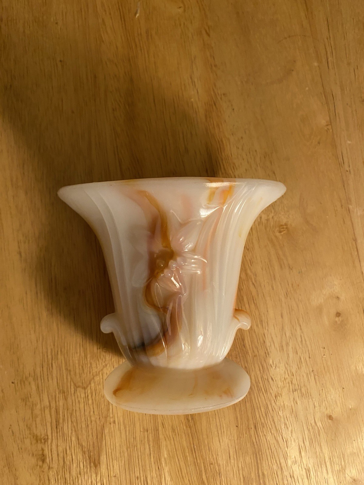 Vintage Akro Agate Embossed Flower Vase Orange & White Swirl Slag Glass 4-1/4″