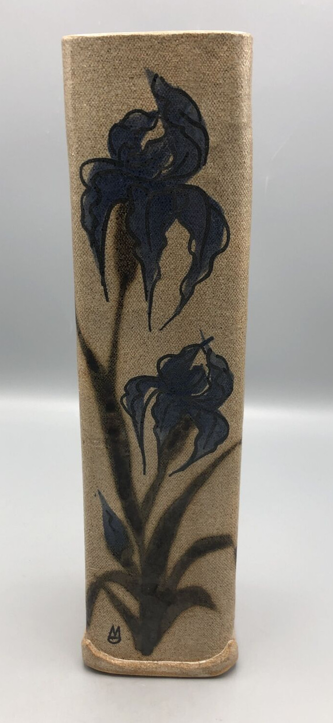 Vase Pottery Artist Signed and Stamped Iris Flower Square 12 1/2″ Tall