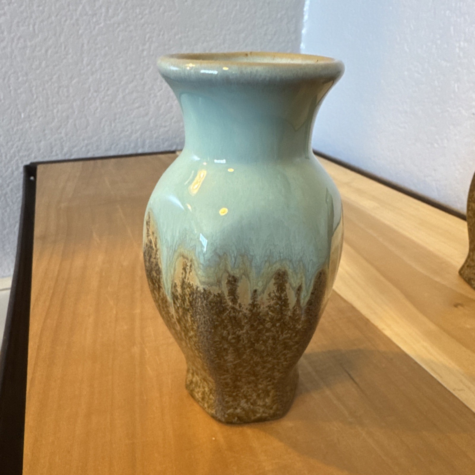 Pair Ceramic Drip Glaze Bud Vases Turquoise Light Blue Brown Art Pottery Glossy