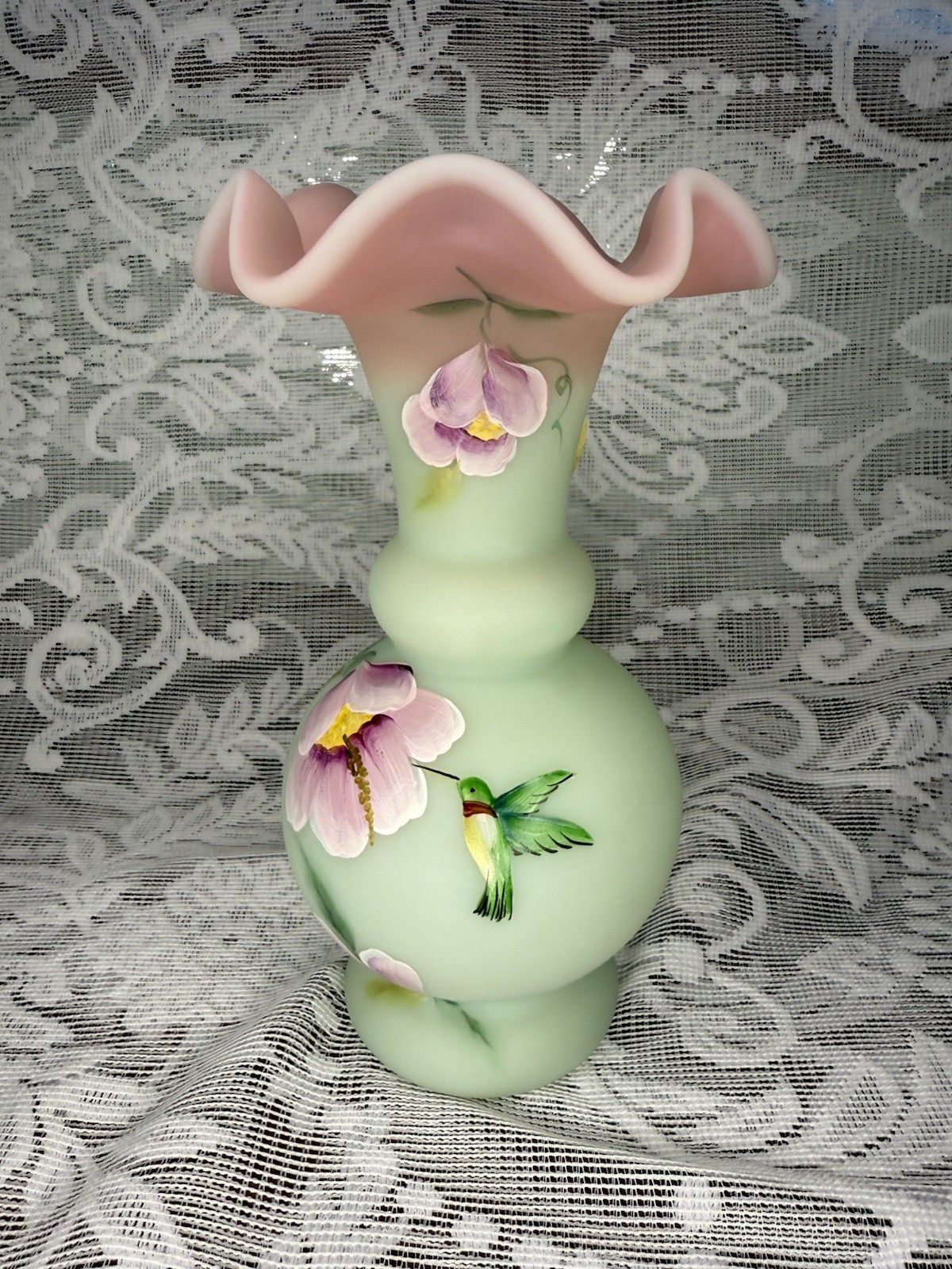 Fenton Lotus Mist Burmese Glass Hummingbird Vase Hand Painted Double Signed