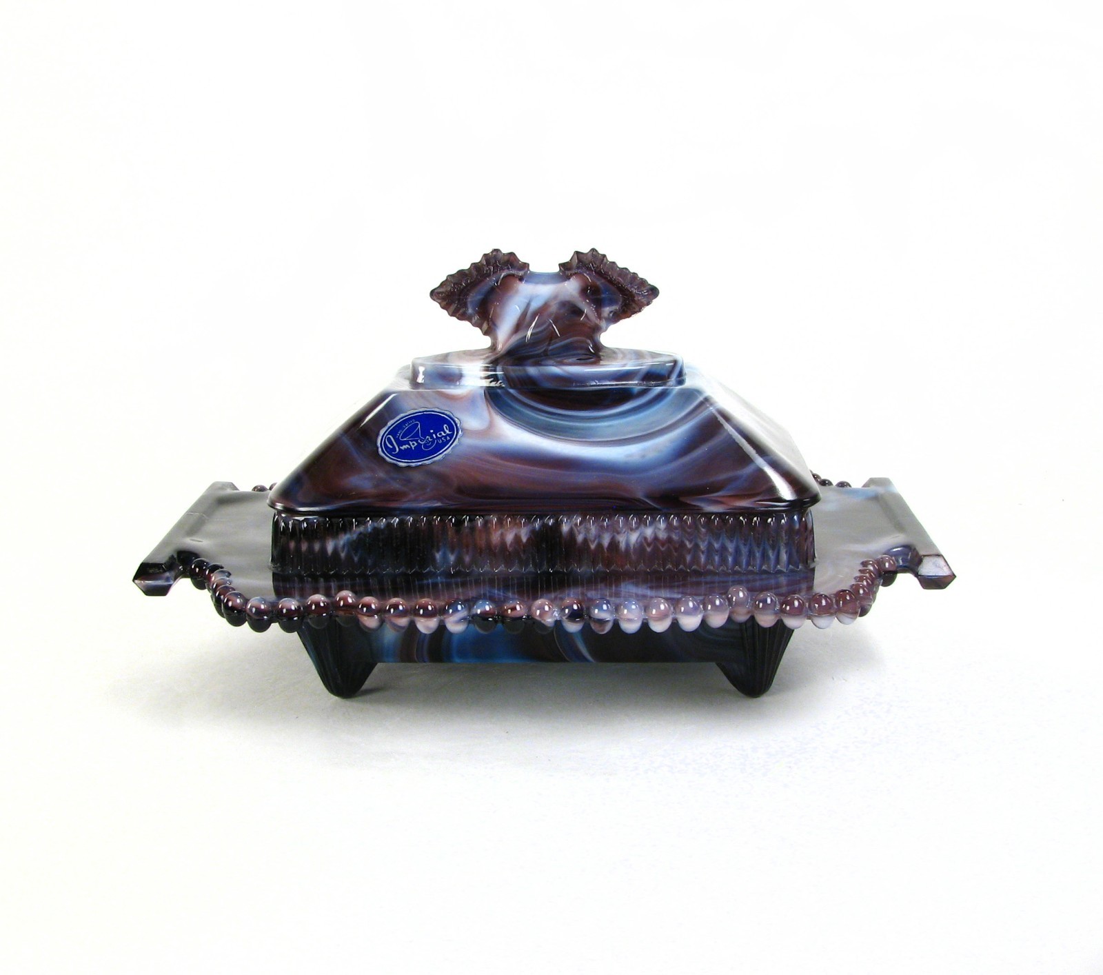 Imperial Glass Purple Slag 4-Toed Beaded Edge Covered Dish with Tags -Made 1971