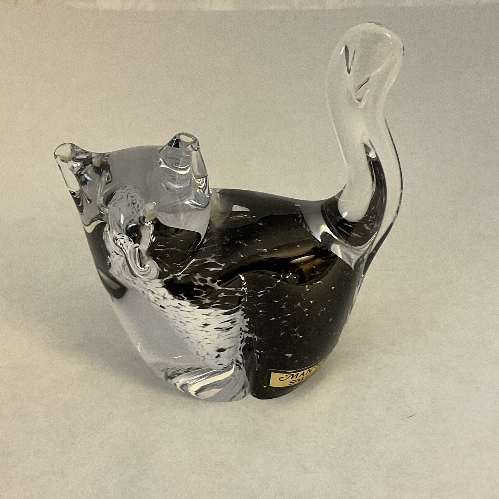 VTG MANTORP SWEDEN Art Glass Black White Clear Cat Figurine w/Original Sticker