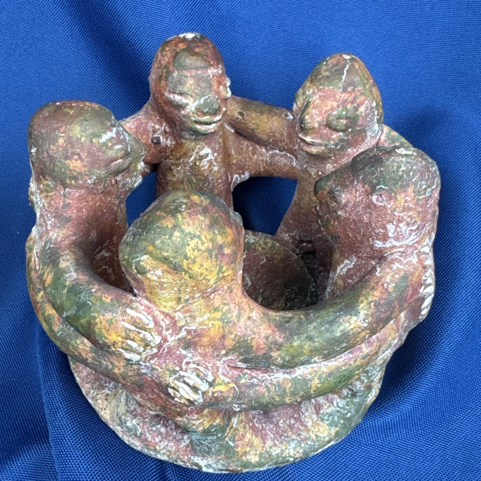 VTG Circle of Friends (5) Candle Incense Holder Aztec Mexican Folk Art Pottery