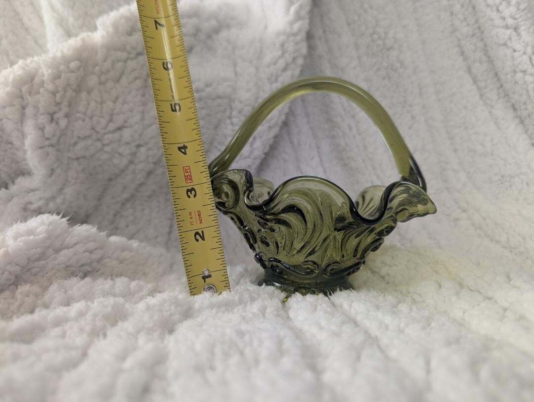 Vintage Green Glass Ruffle Edge Basket Home Décor 6 inches Tall/Wide