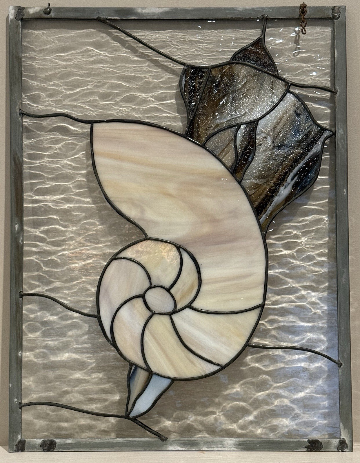 Vintage Large Framed Stained Glass Suncatcher 2 Seashells No Chain-14.25 x 18.75