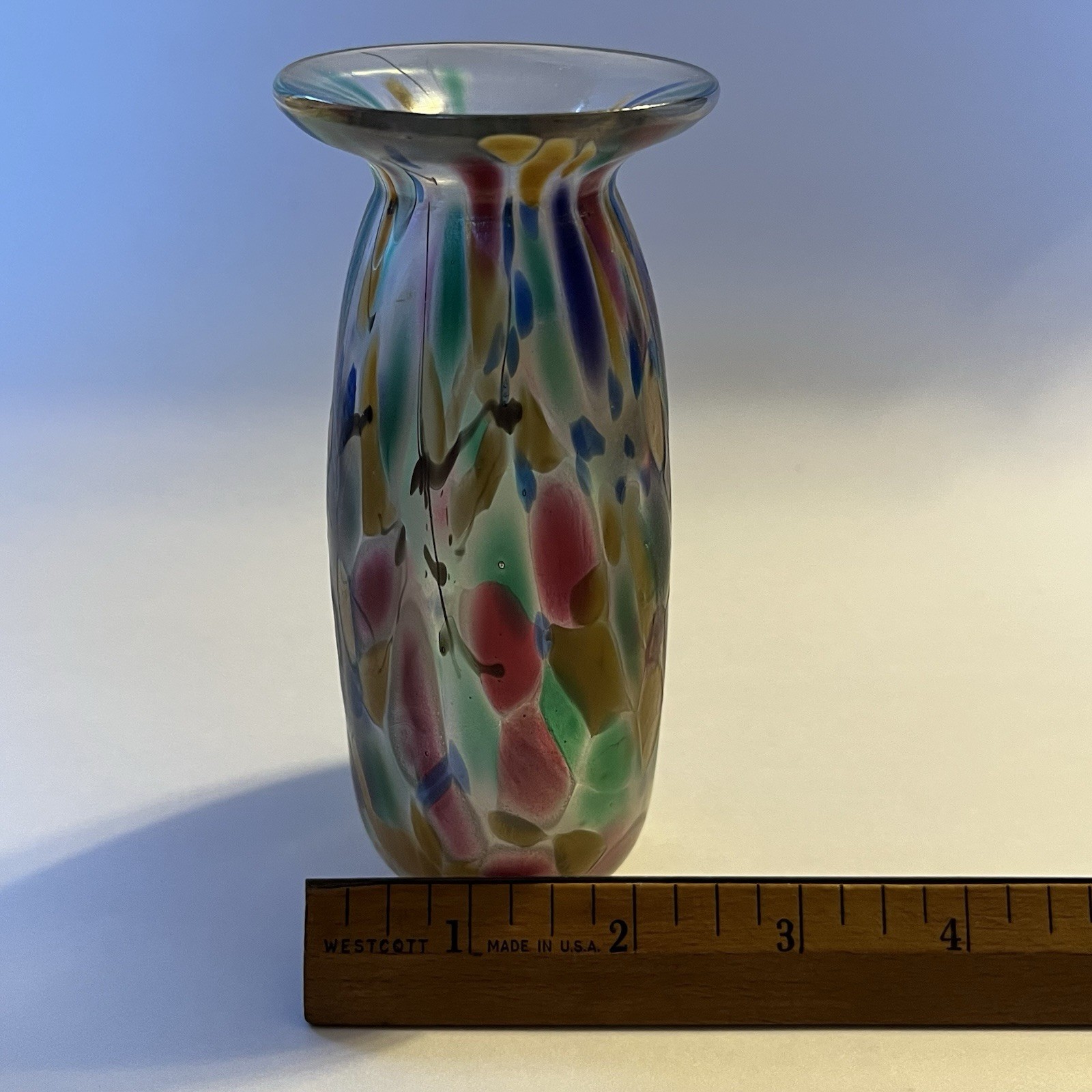 Signed Herb A. Thomas Vase Iridescent Art Glass with Millefiori Floral 5.25″