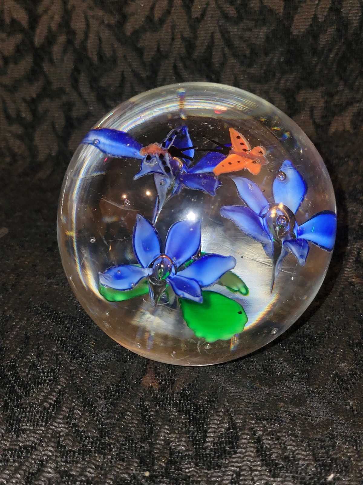 Vintage Butterflies and Flowers Art Glass Paperweight