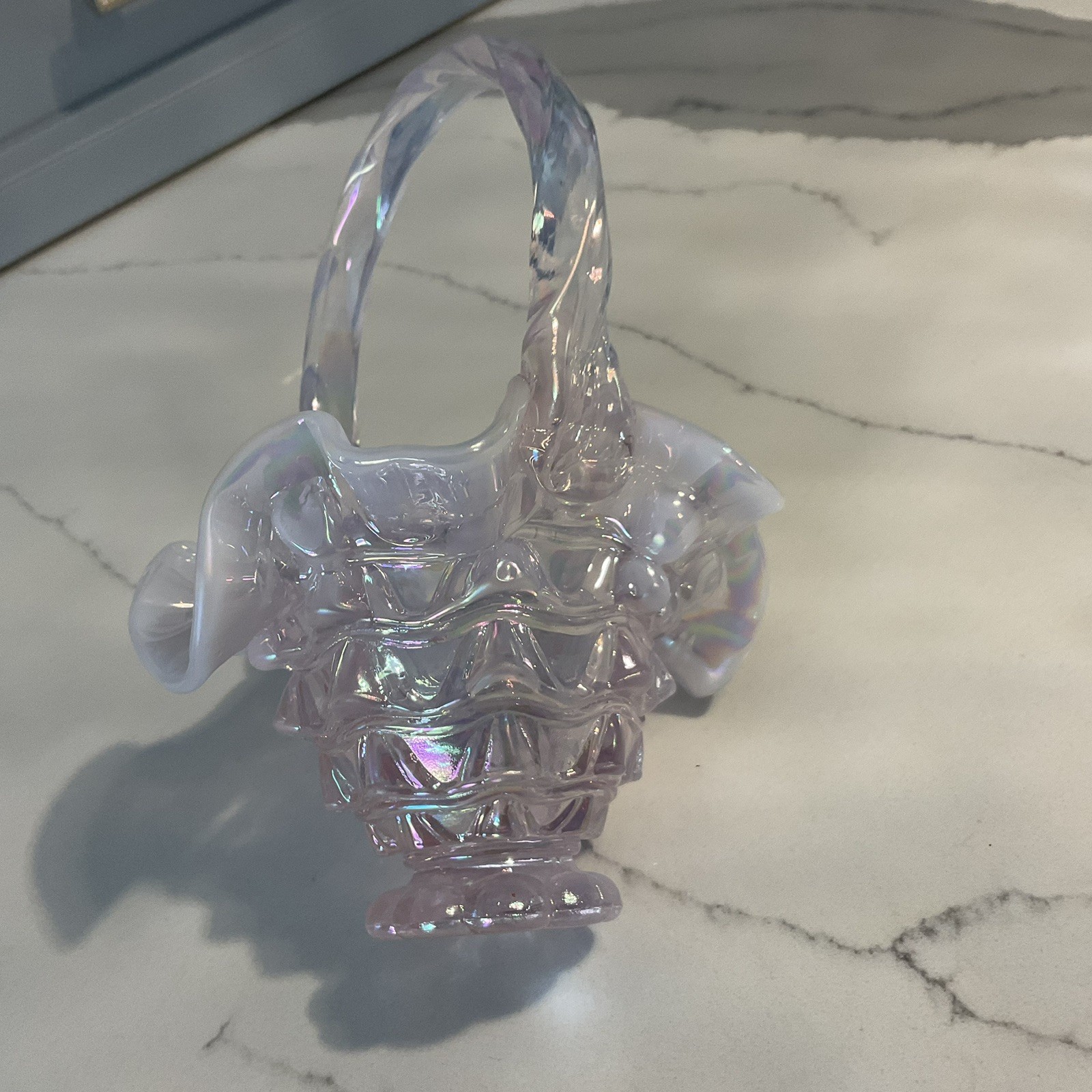 Fenton Pink Opalescent Iridescent Carnival Glass, Small Basket