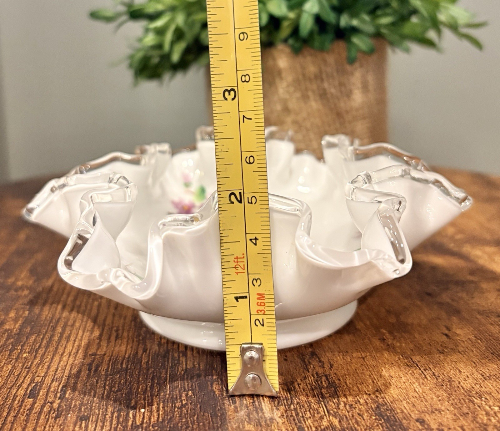 Fenton Violets In The Snow Silver Crested Crimped Handle Basket And Ruffled Dish