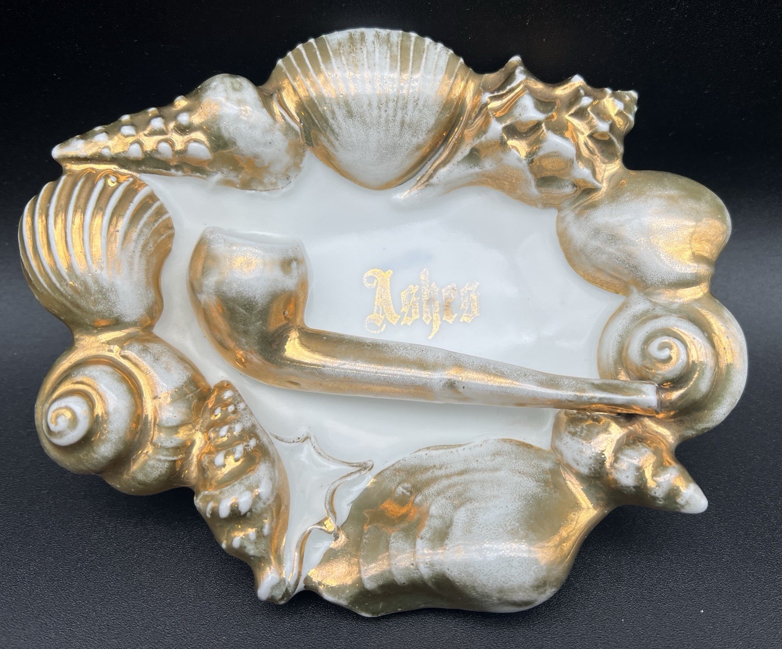 Antique German White & Gold Porcelain Ashtray – Pipe & Shells – Germany Ash Tray