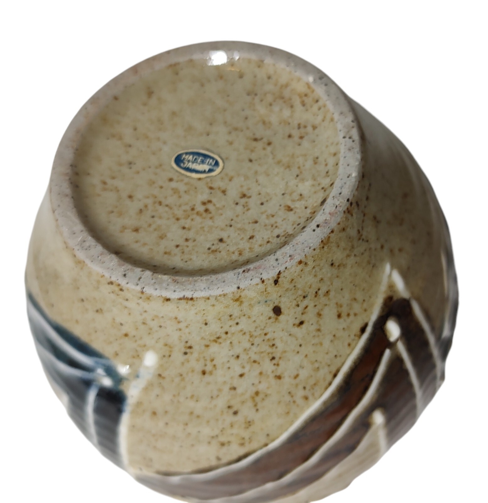 Japan Pottery Glazed Vase Brown Cream Blue Ribbed Textured Paint Five Inches