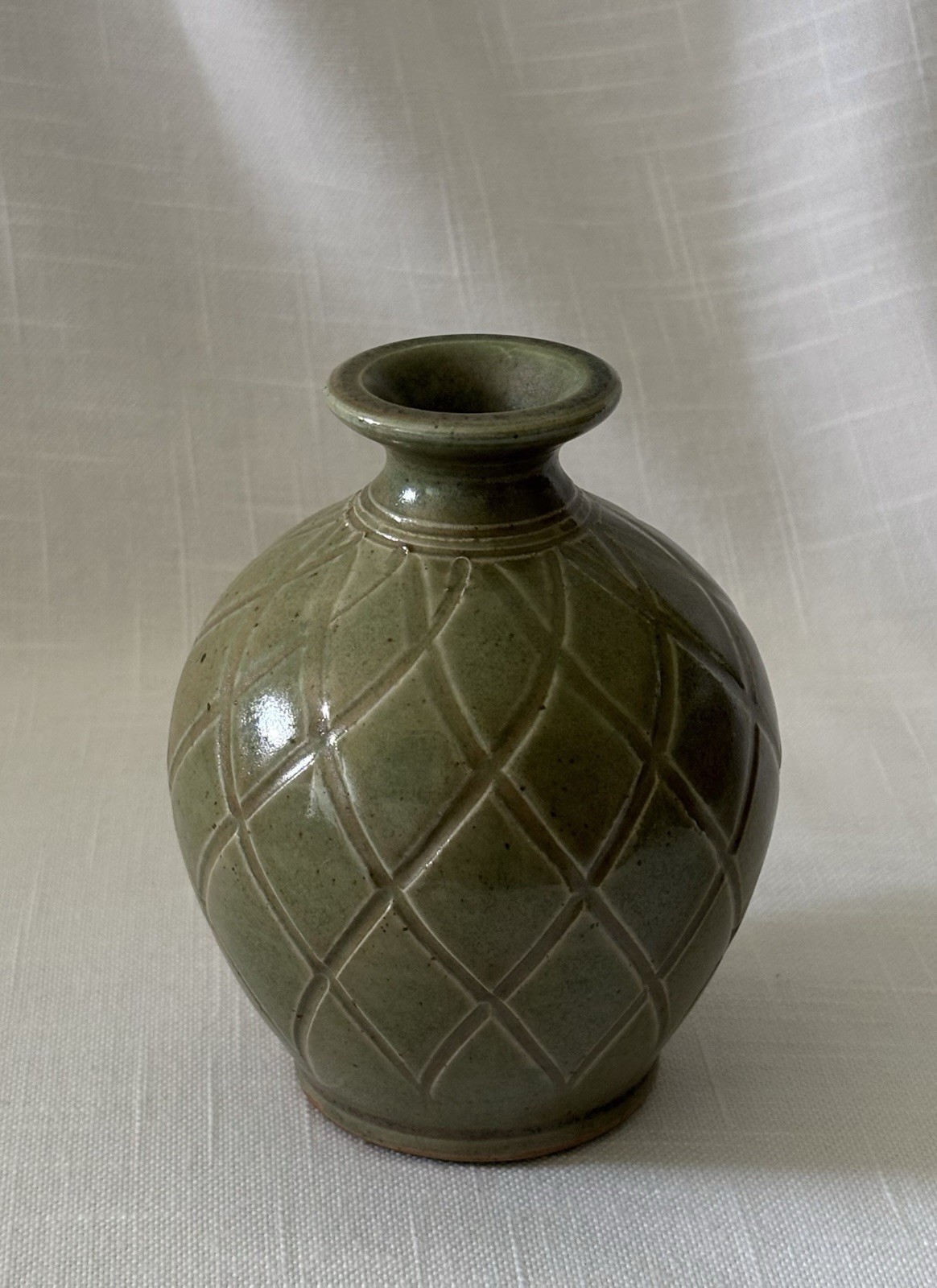 Signed MARK NAFZIGER Studio Art Pottery Bud Vase 4.75” Green, Brush Creek~ Ohio