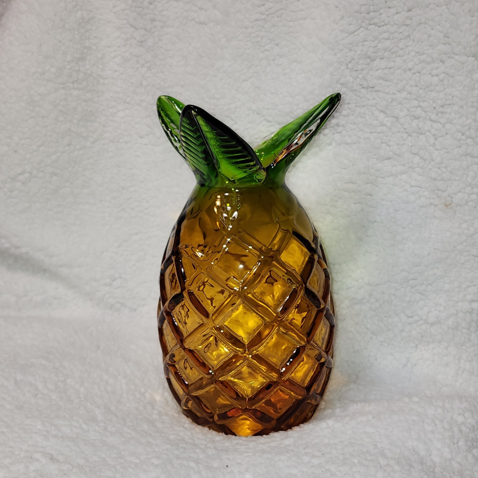 Murano Style Pineapple Vase. Hand Blown Glass Amber and Green 11.5 Inches Tall