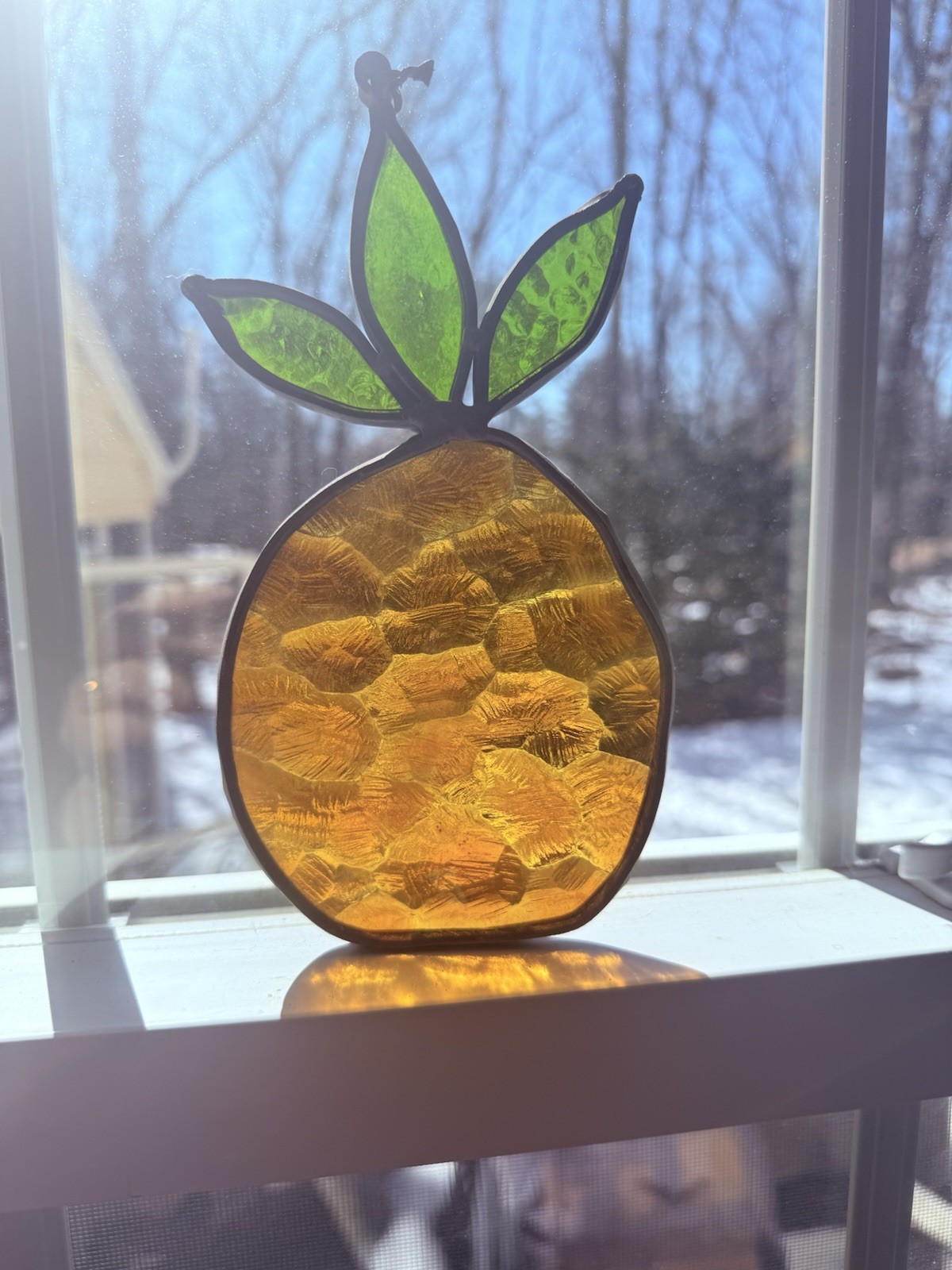 Vtg Pineapple Stained Glass Leaded Suncatcher Fruit Light Brown Hanging