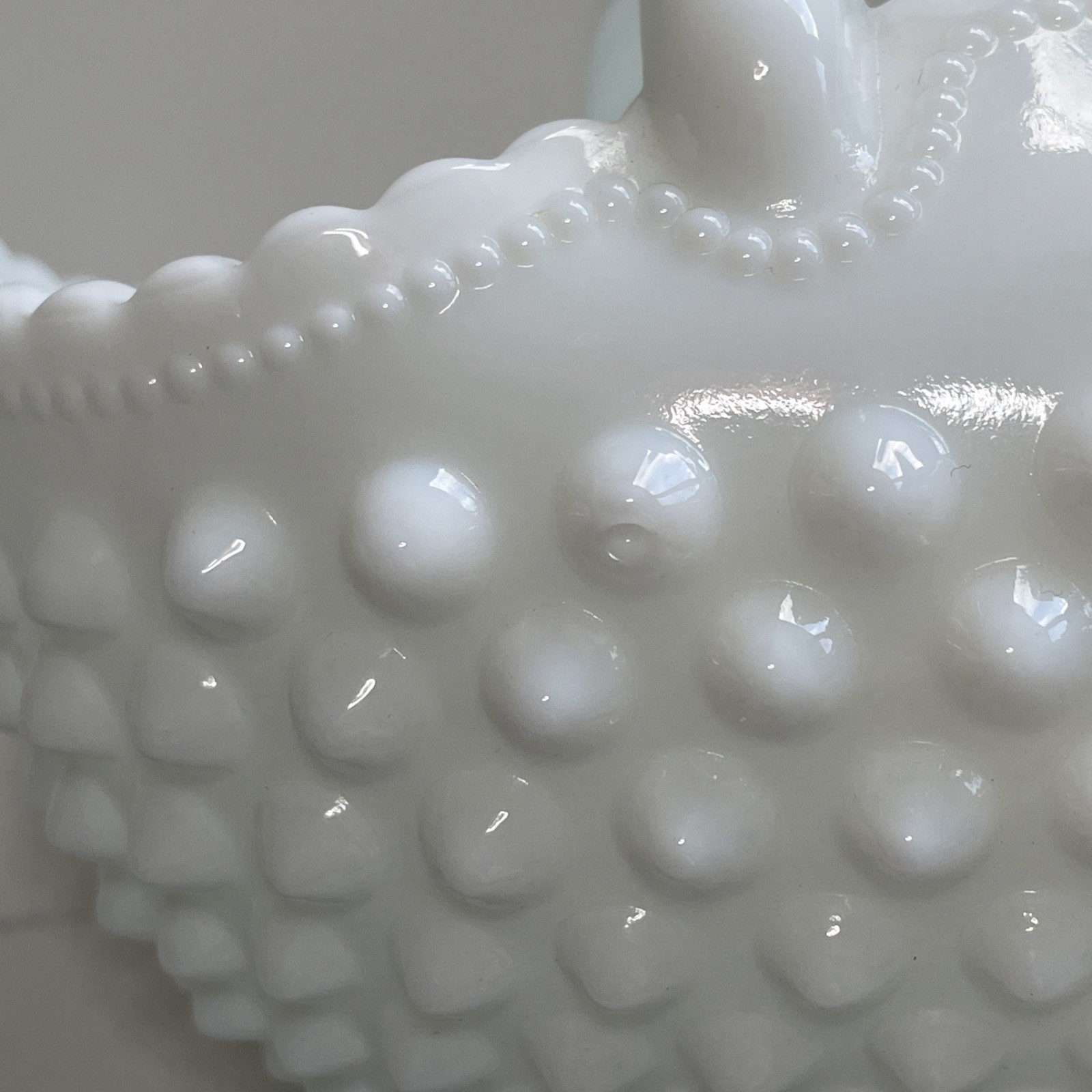 VTG Fenton Hobnail Milk Glass Curved Bowl Basket Double Handle Oval Orig Sticker