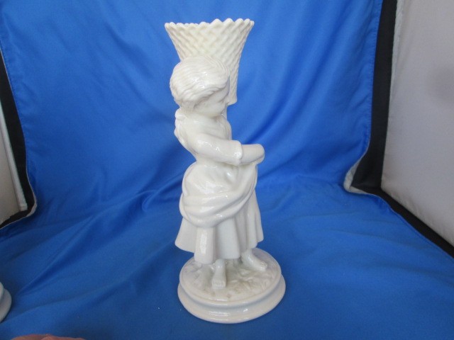 Belleek Victorian Boy and Girl Basket Candle Holders Ireland 6th & 7th Mark Vtg