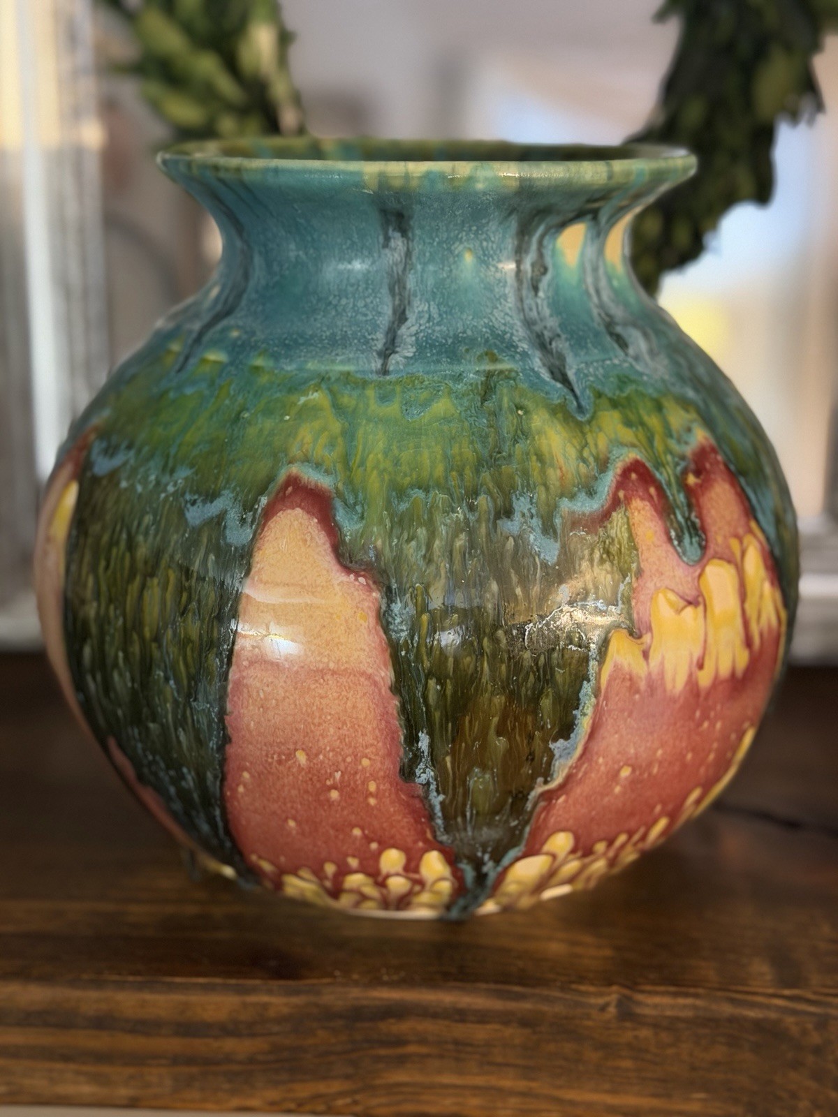 Handcrafted Artist Signed Multi-Color Blended Onyx Drip Glaze Pottery Vase 8.75″