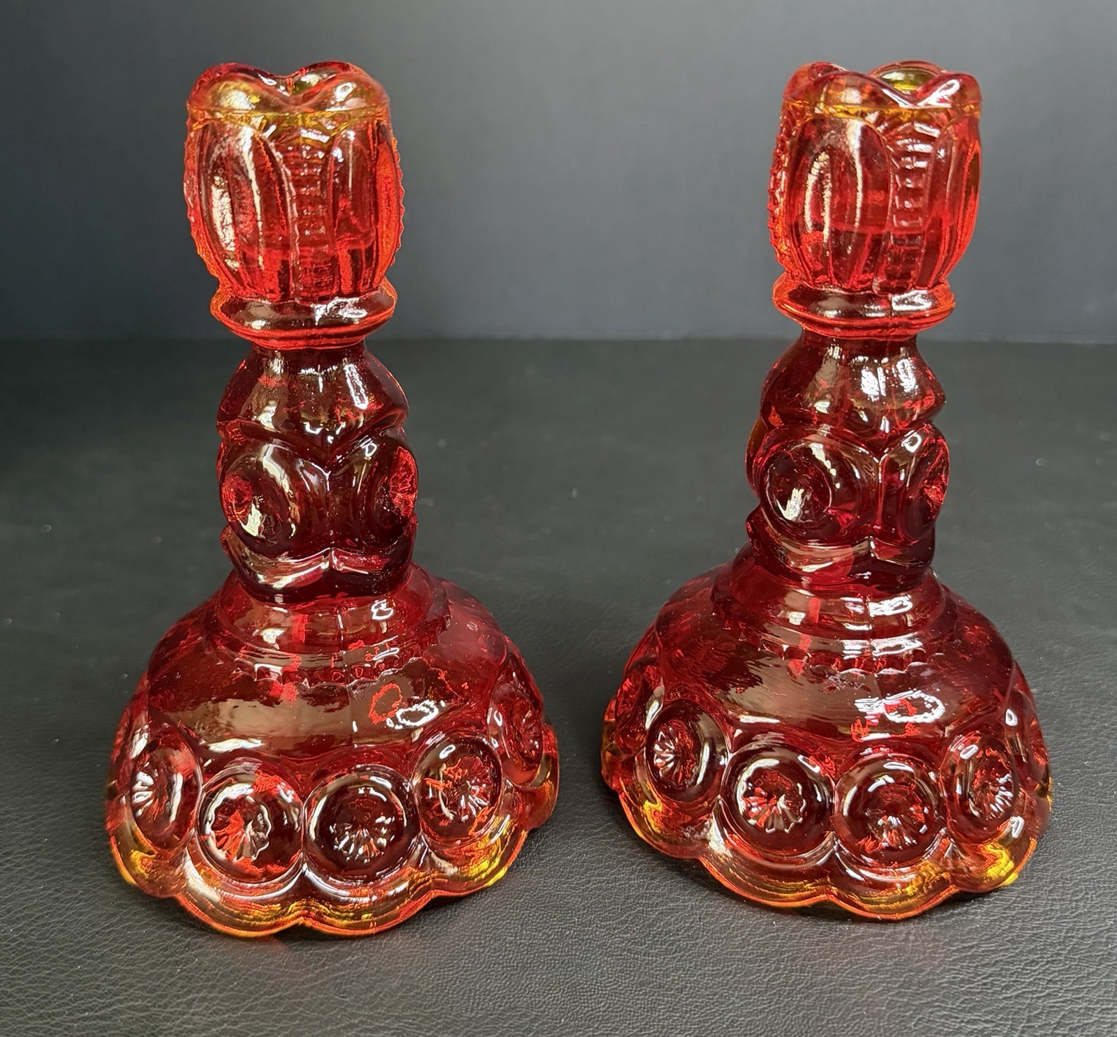 Vintage LE Smith Moon & Stars Candlesticks Amberina Flame Ruby Red Glass