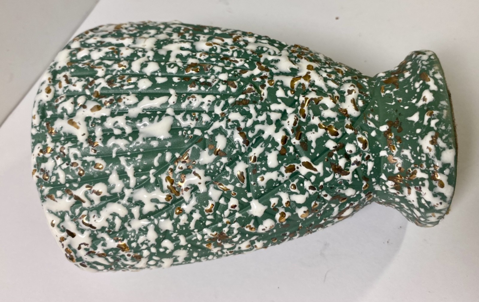 Vtg Savoy Speckle Vase Splatter Art Pottery Green White 24k Gold Planter MCM