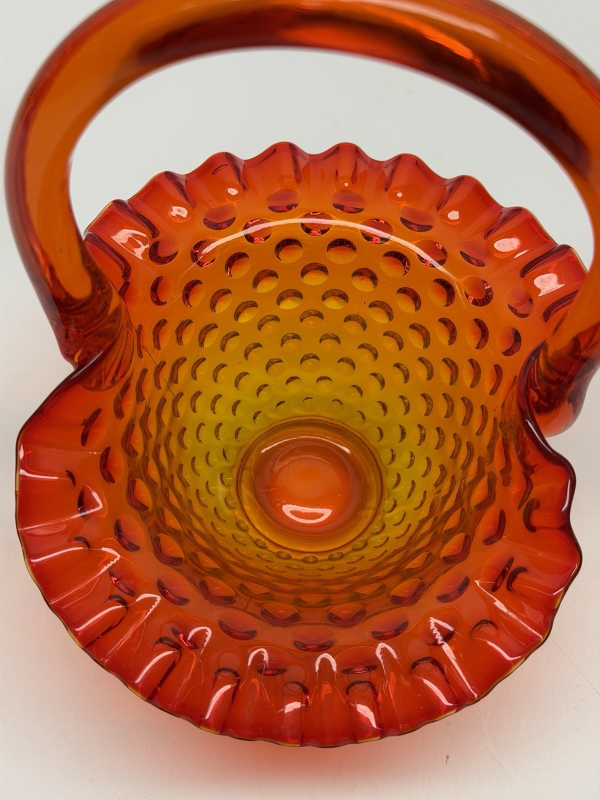vintage Reddish Orange Amberina HOBNAIL Pattern GLASS BASKET ruffled wavy Fenton