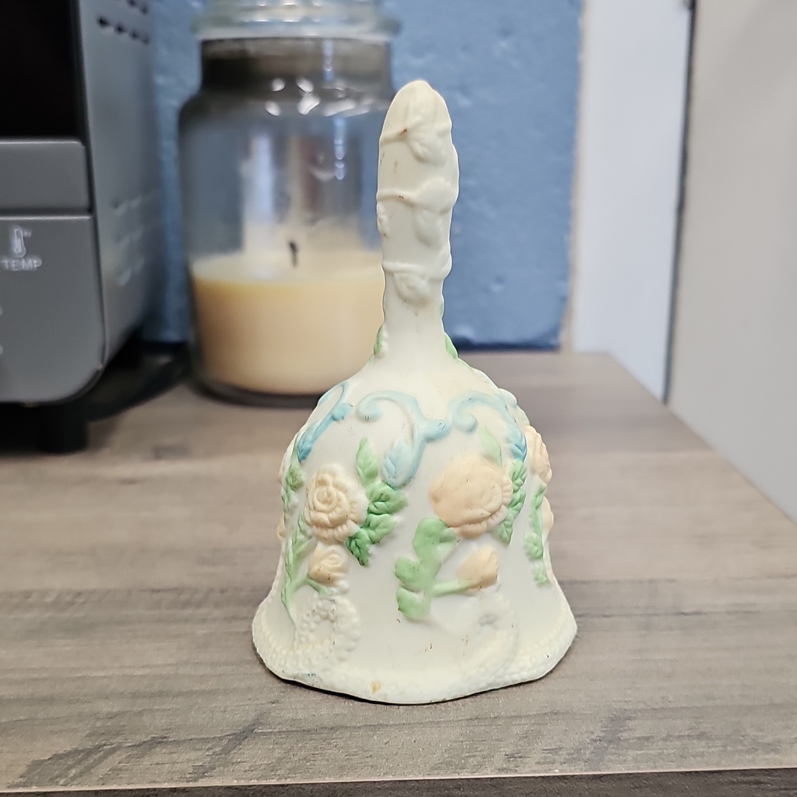 Ceramic Decorative Bell Floral Rose Raised Relief White Green Blue Peach