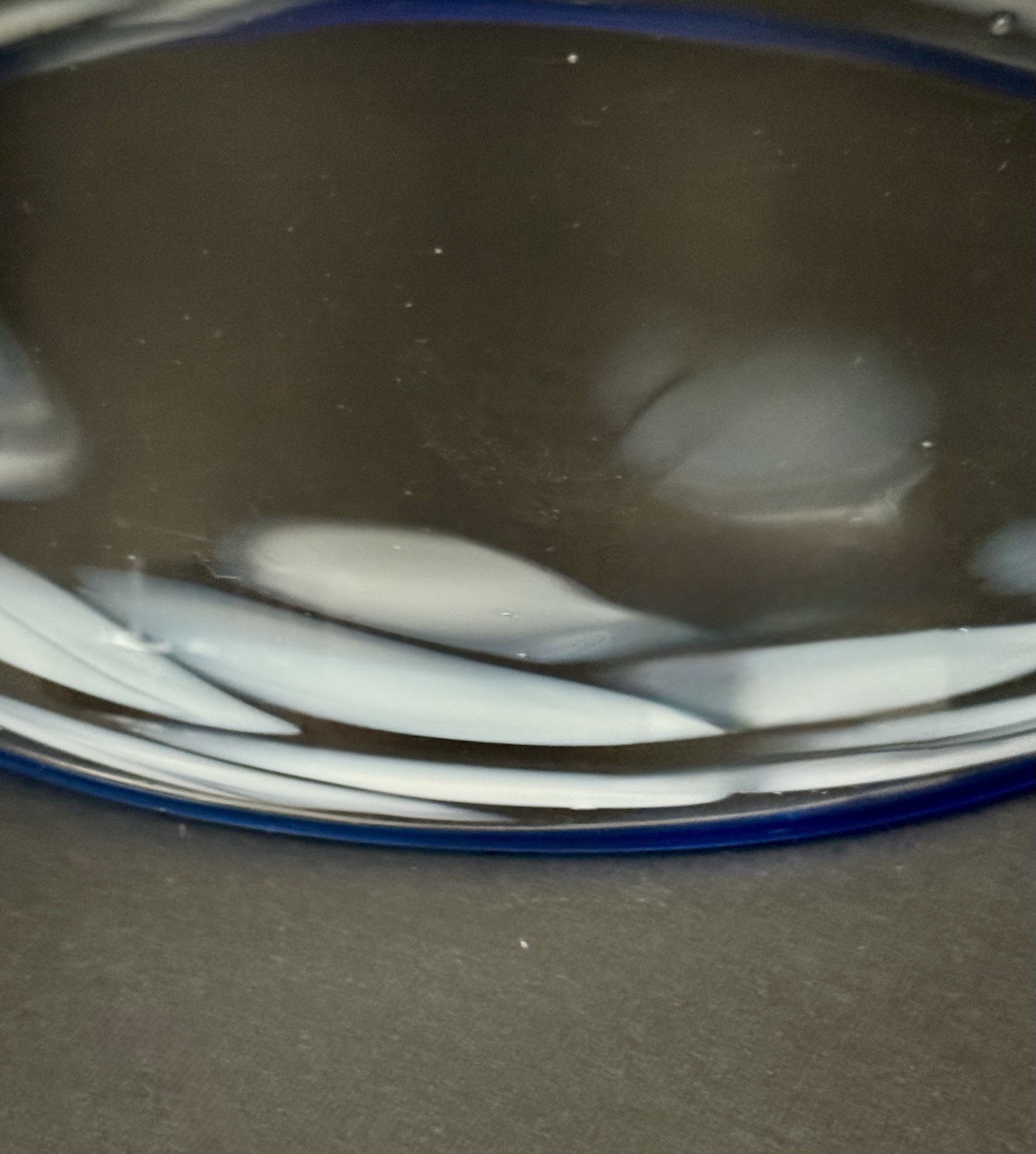 Hand Blown Studio Art Glass Bowl White Cloud Inclusions Cobalt Rim Sculptural