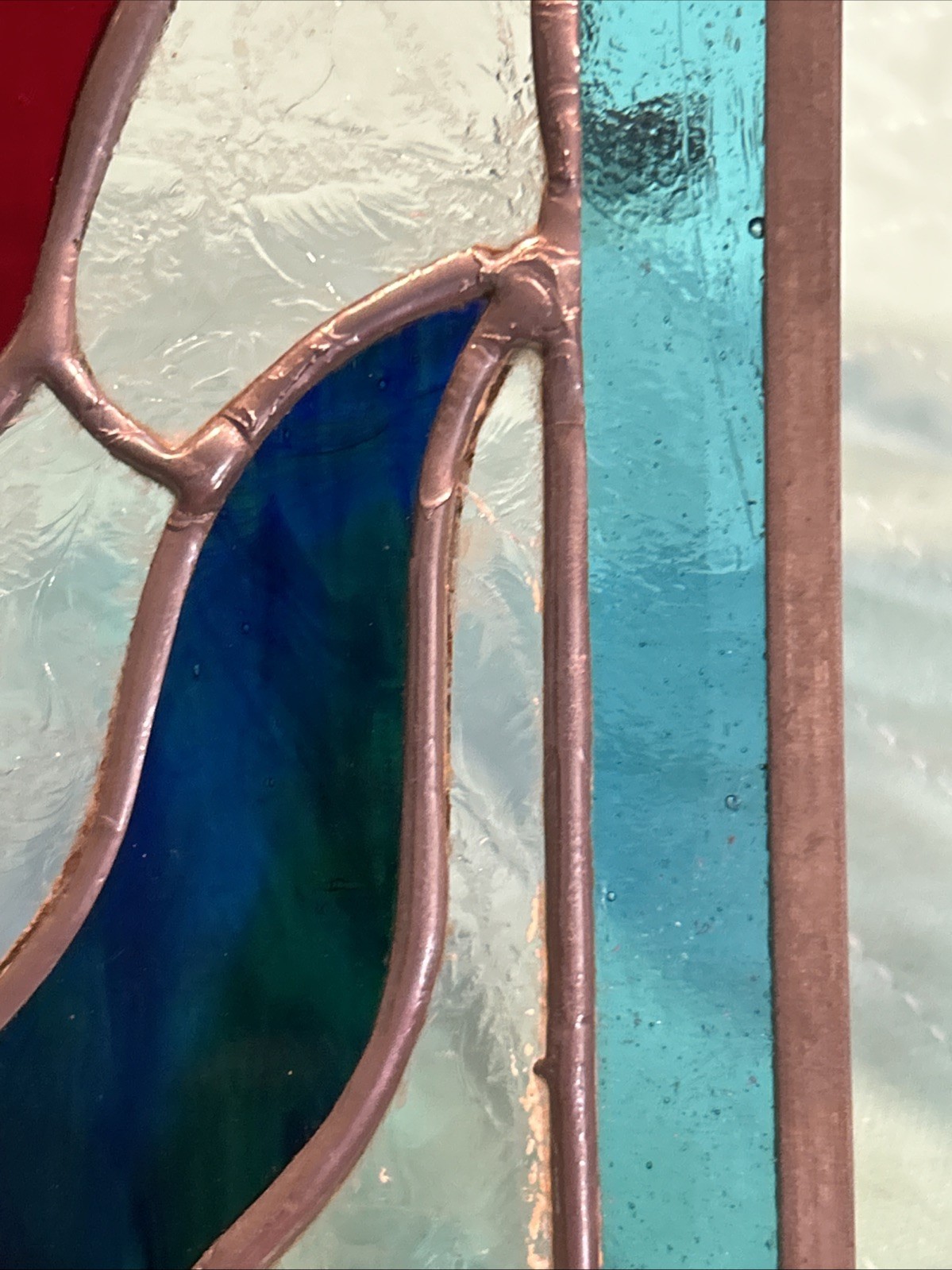 Vintage Red Rose w/ Blue & Textured Clear Stained Glass Window Hanging Chains