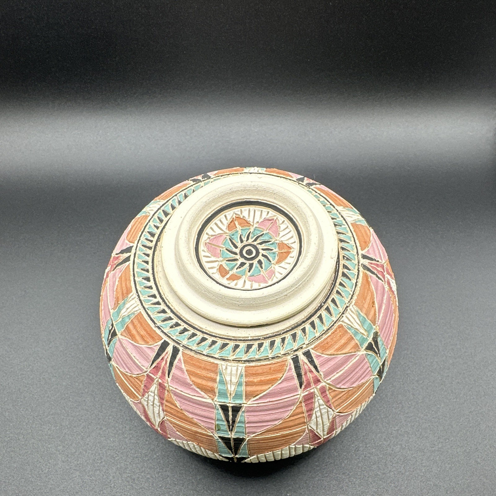 Handmade Native American Art Pottery Geometric Lidded Vase Signed PAH 1970