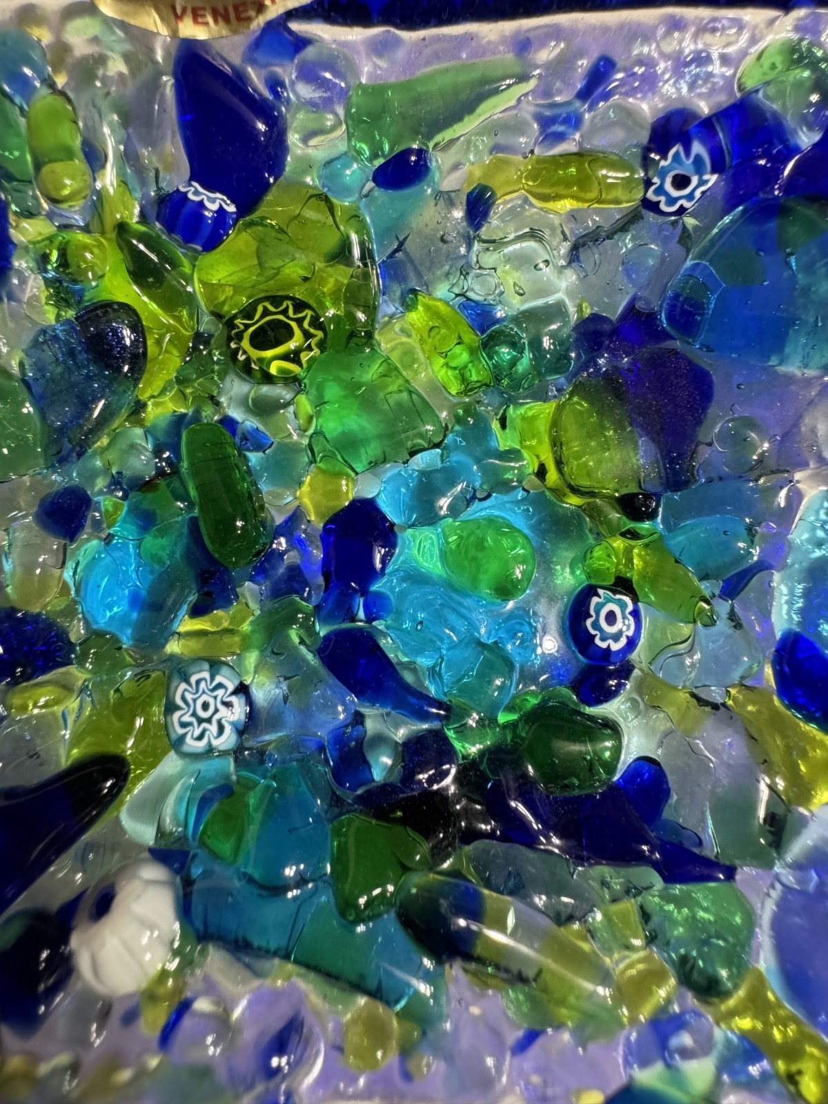 Murano Venetia Hand Fused Millefiori Blue Art Glass Candy Trinket Dish Square