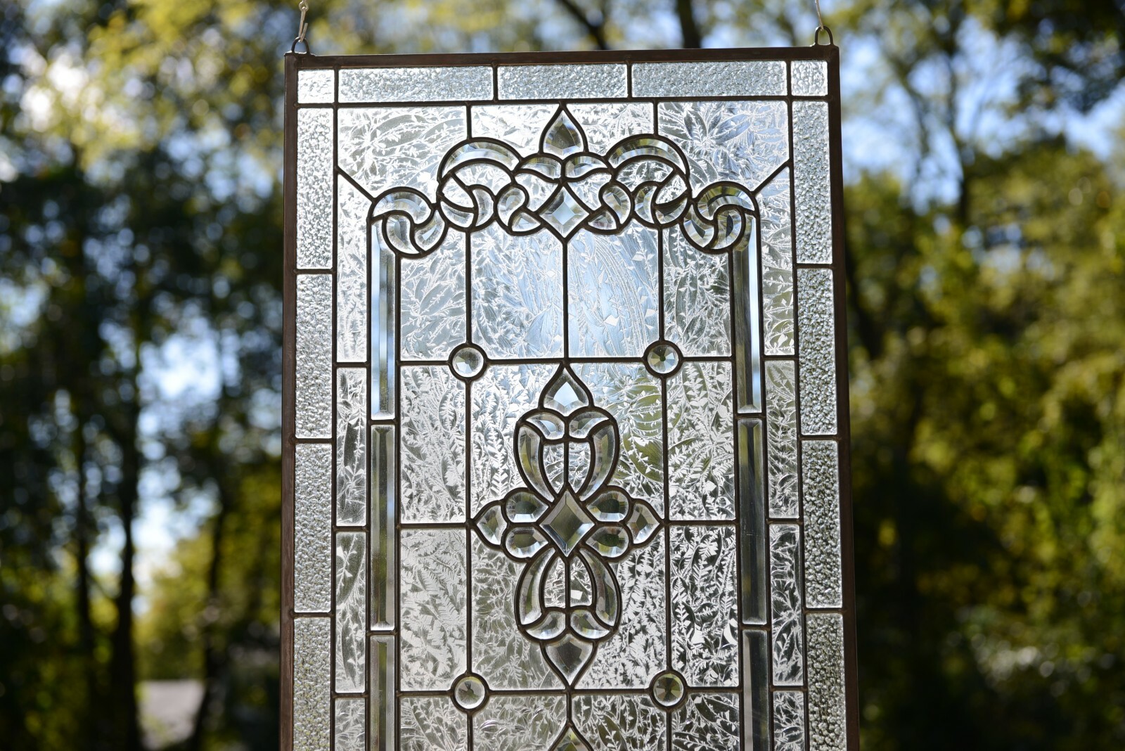 Stunning Handcrafted stained glass Clear Beveled window panel, 20″ x 34.25″
