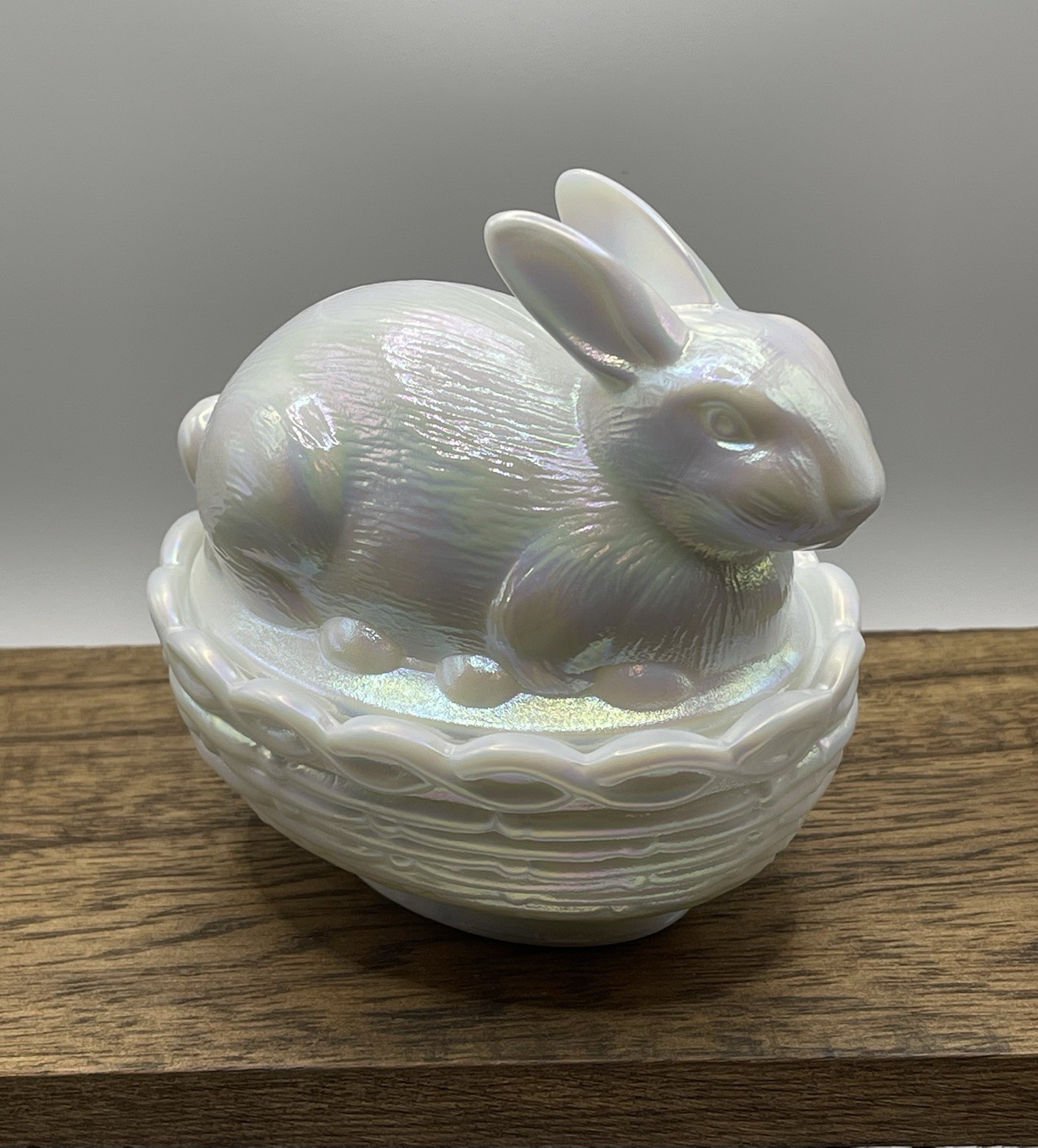 Mosser Milk Glass Carnival Bunny on Nest Covered Dish White Iridescent Rabbit