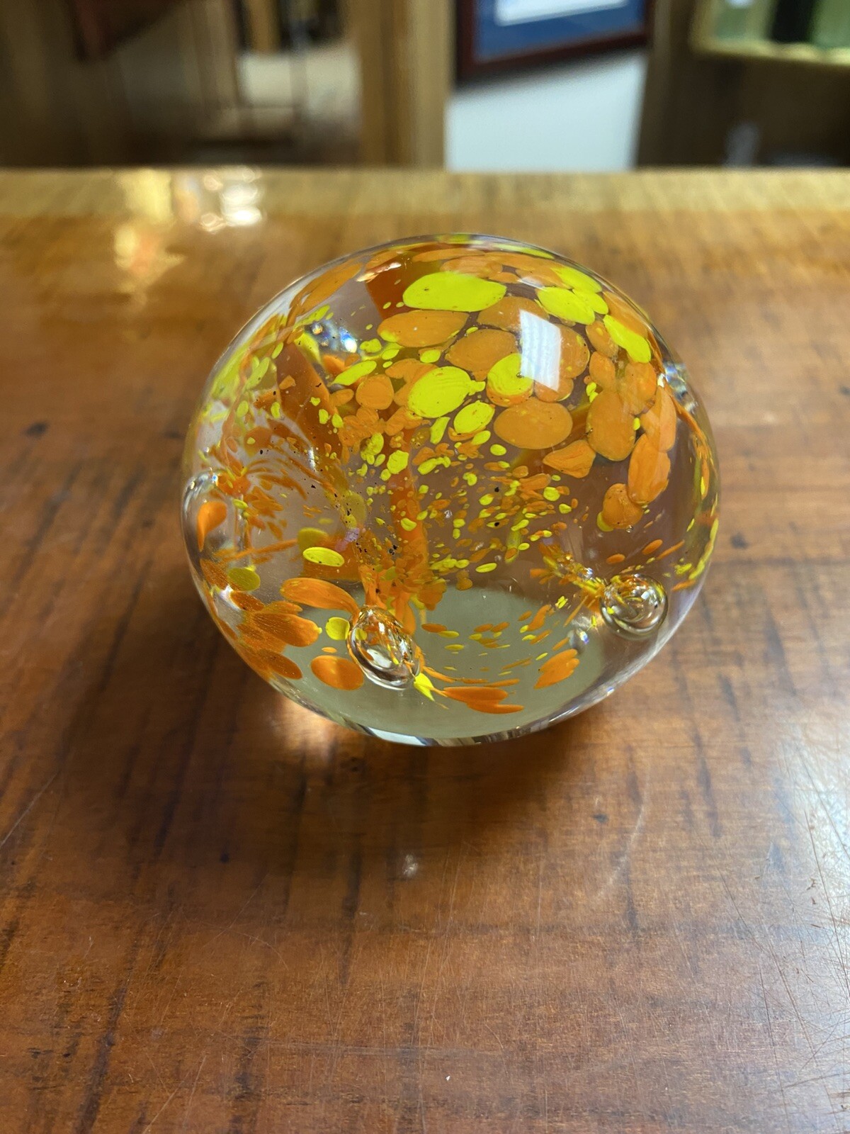 Vintage Orange And Yellow Confetti Art Glass Paperweight